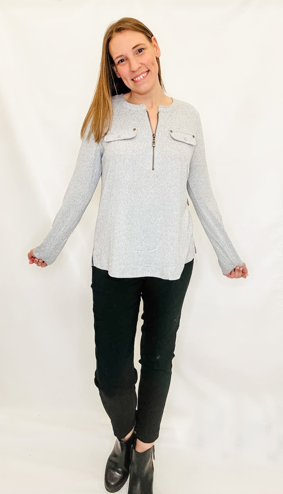 Multiples Snow Gray Knit, Half Zip Top