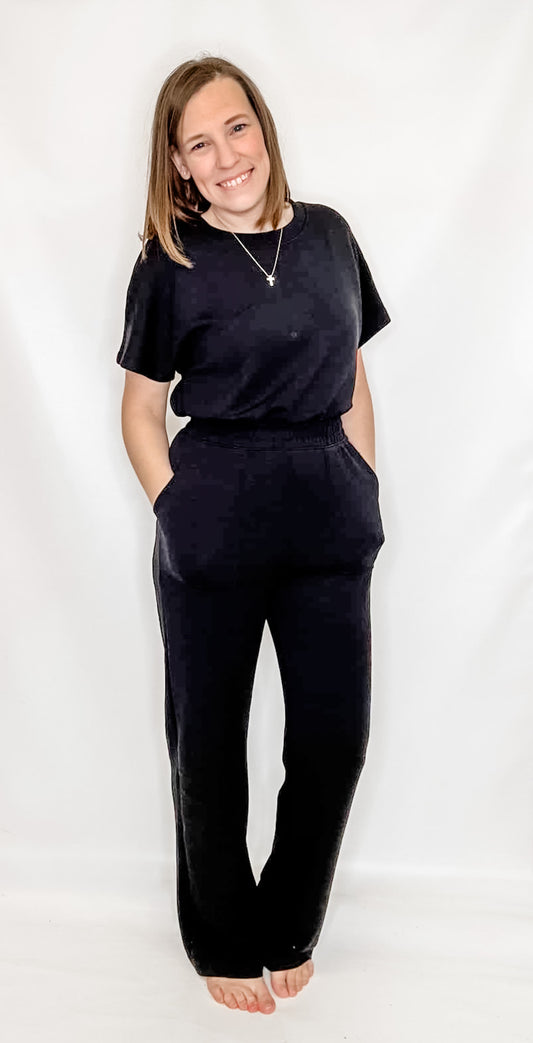 Black Scuba Knit Short Sleeve Jumpsuit