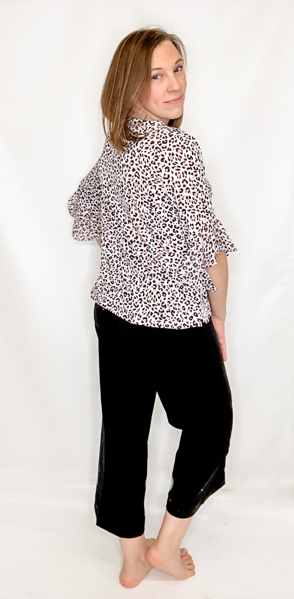 Multiples Black & Blush Animal Print, Flounce Sleeve Top