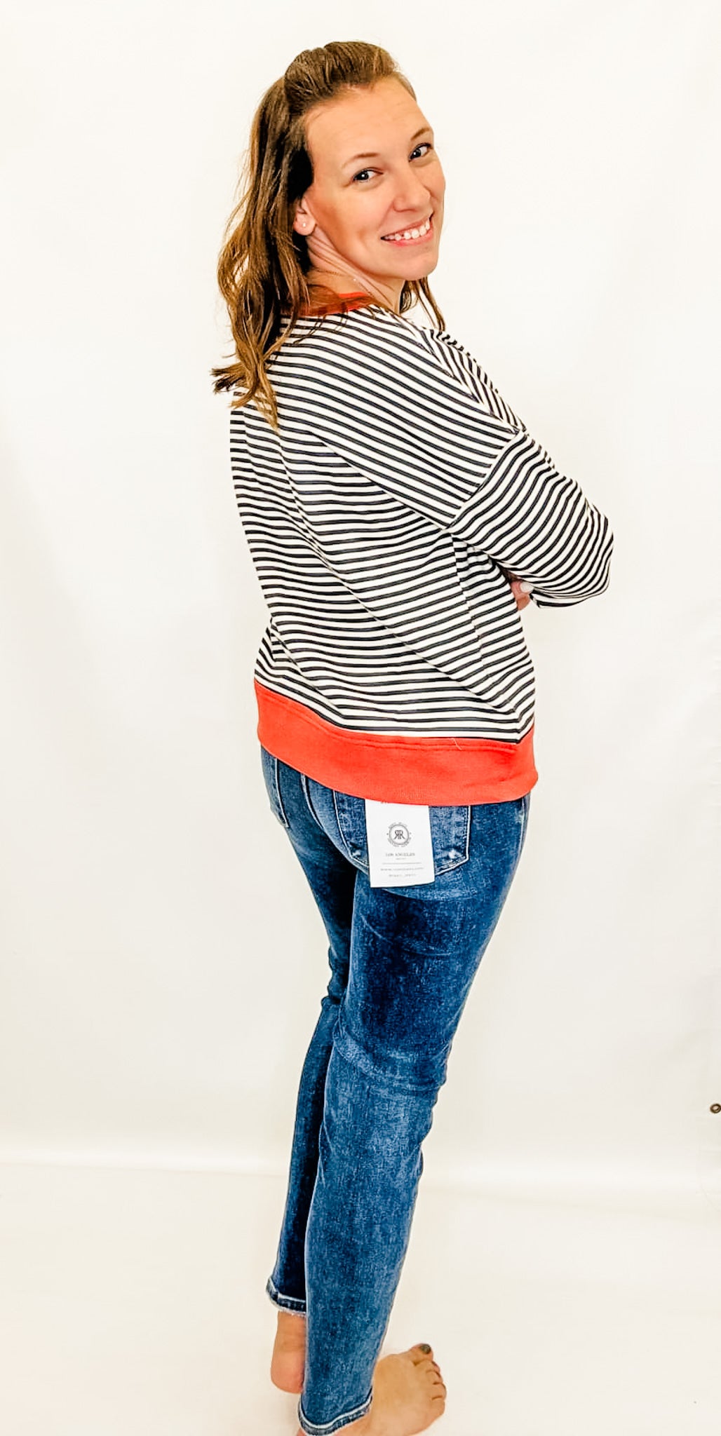 Cream, Orange & Charcoal Striped Sweatshirt