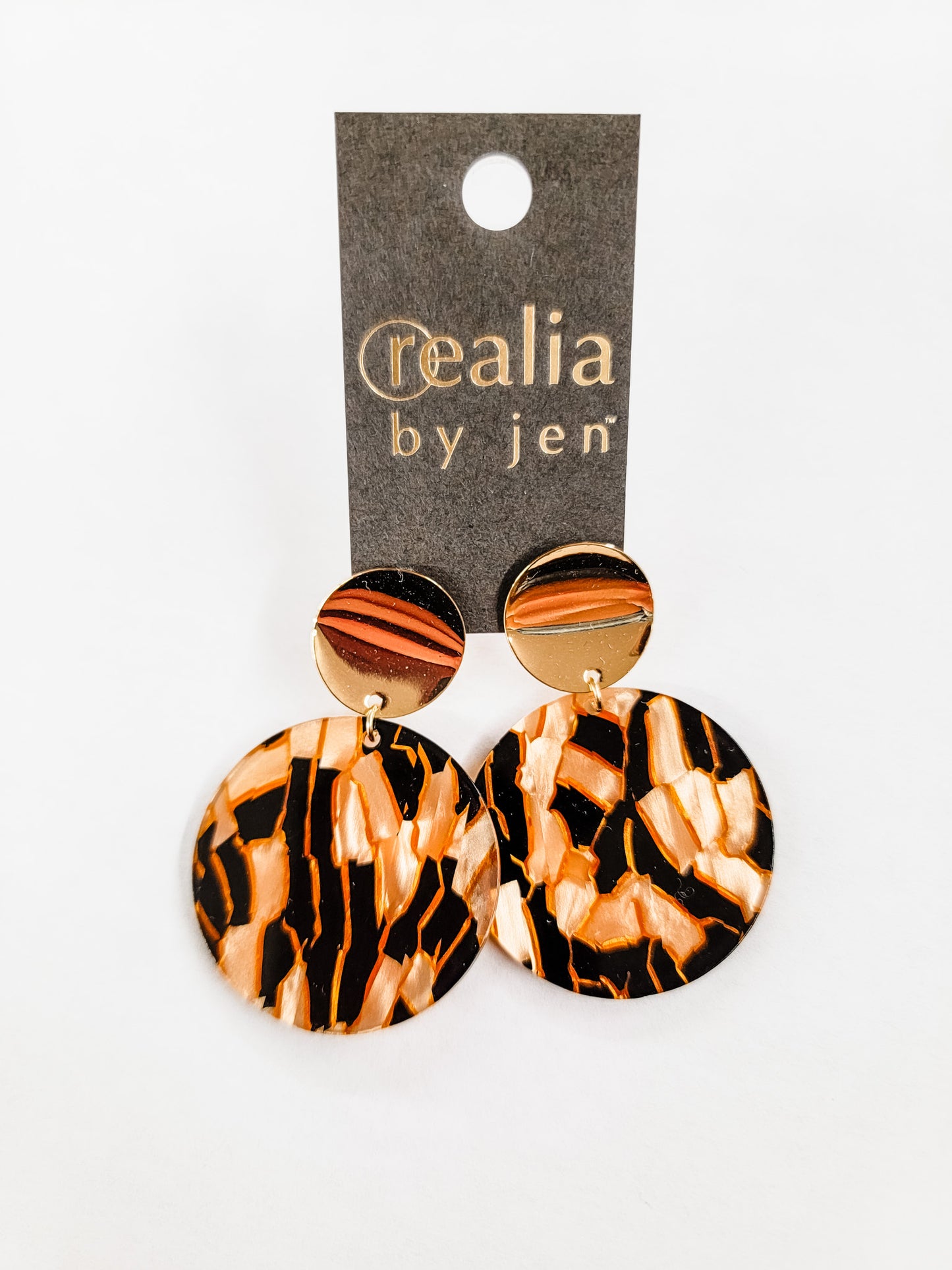 Gold & Brown Round Acrylic Earrings