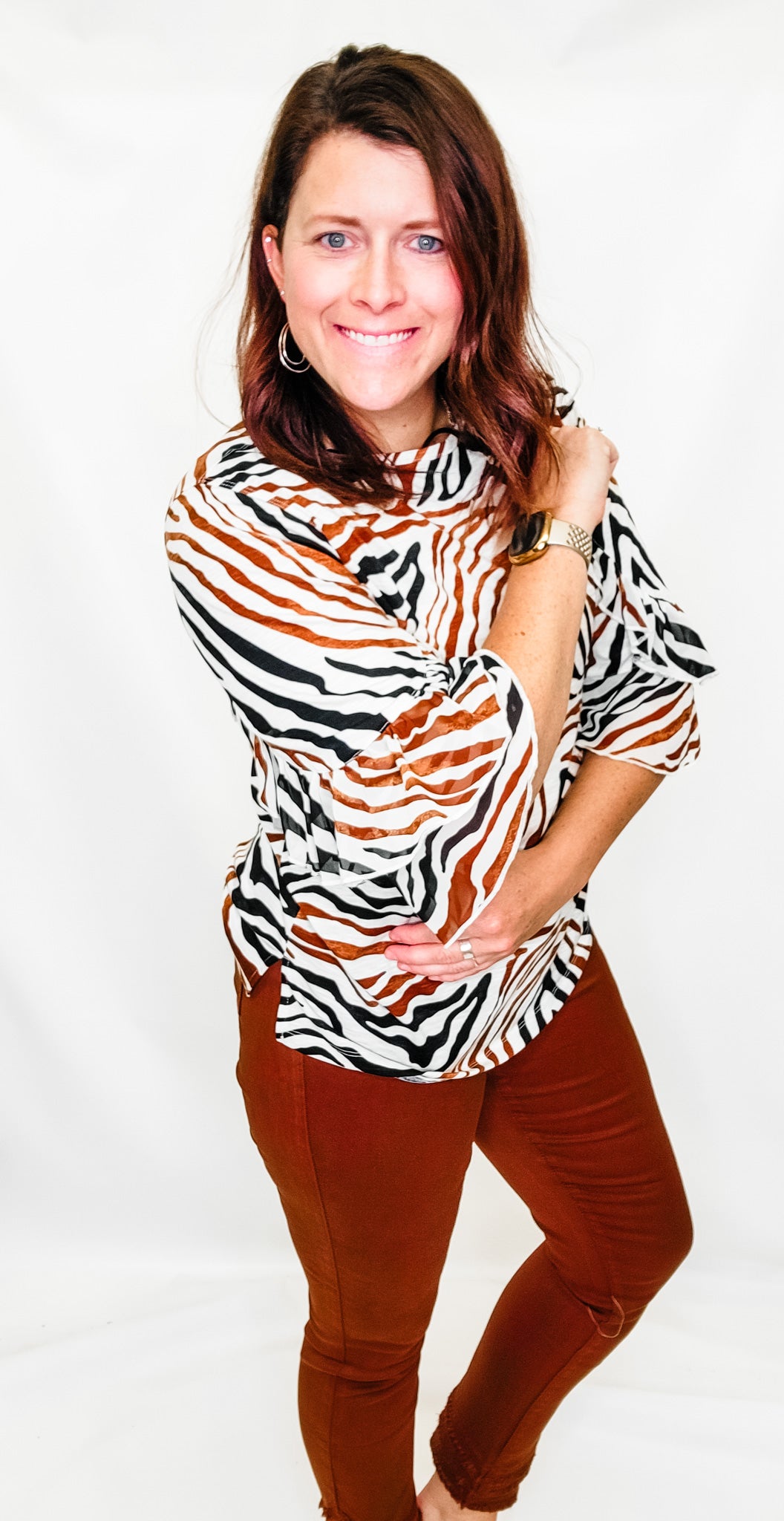 Multiples Brown Zebra Ruffle Sleeve Top