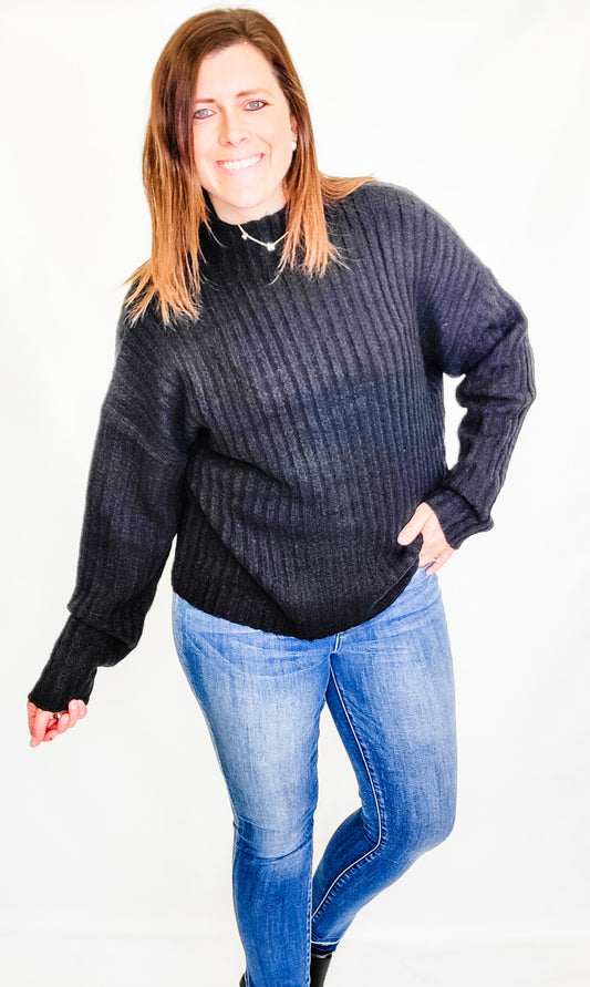 Black, Mock Neck Ribbed Sweater