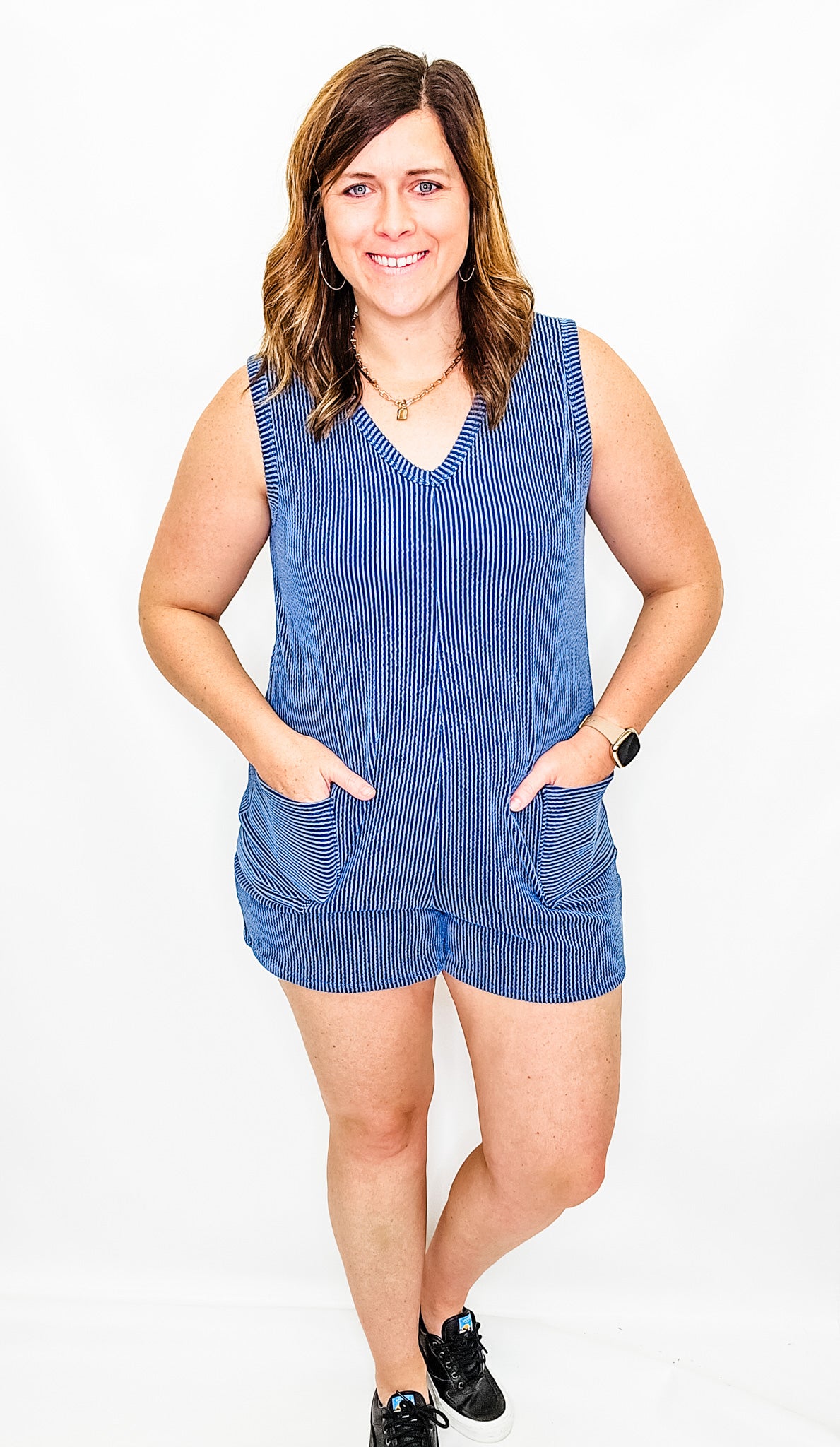 Navy Ribbed Sleeveless Romper