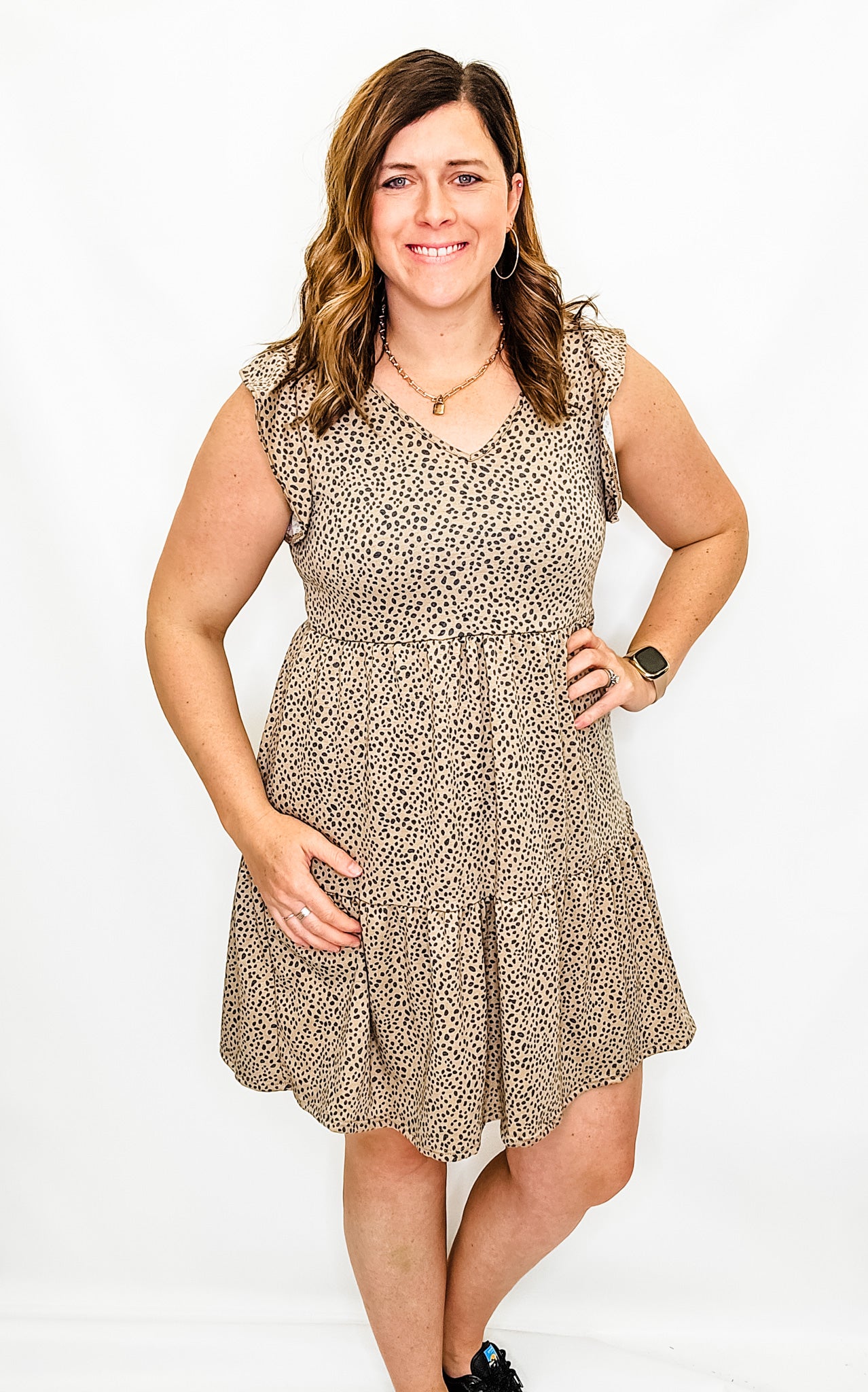 Khaki Animal Print V-Neck Dress