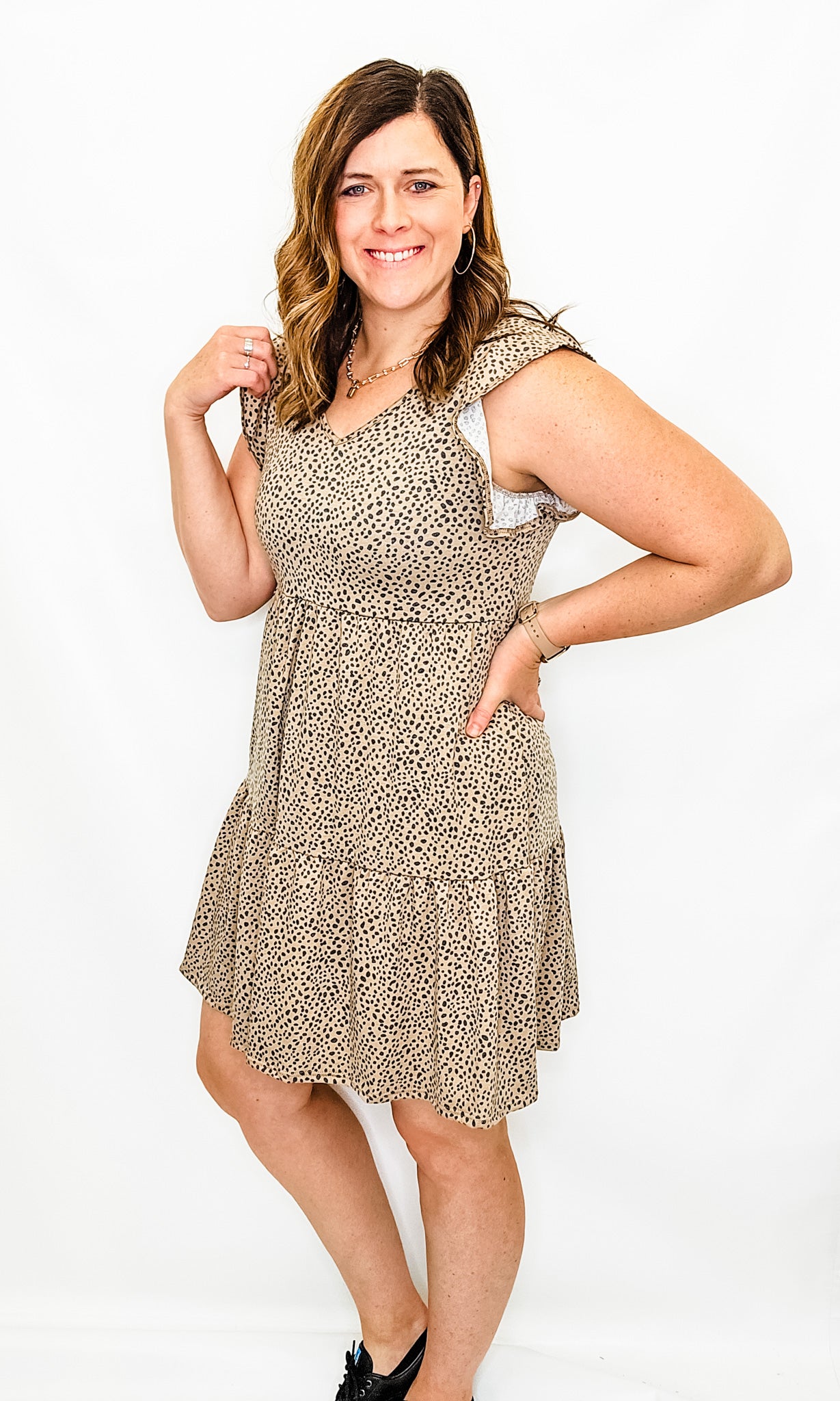 Khaki Animal Print V-Neck Dress