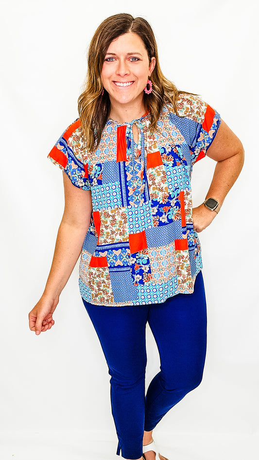 Blue & Orange Bohemian Print Short Sleeve - Ext Size Only