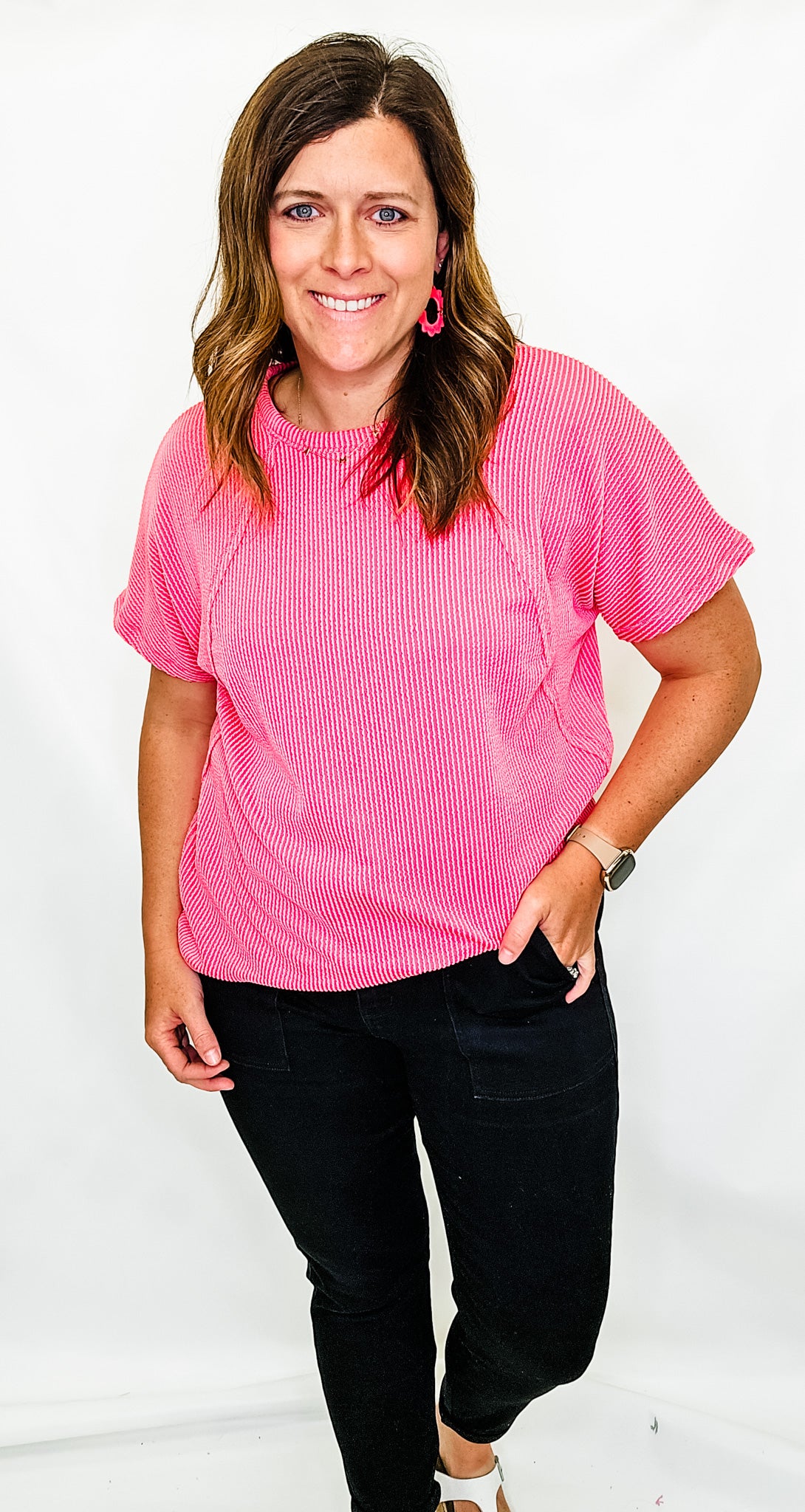 Coral Pink Ribbed Oversized Short Sleeve