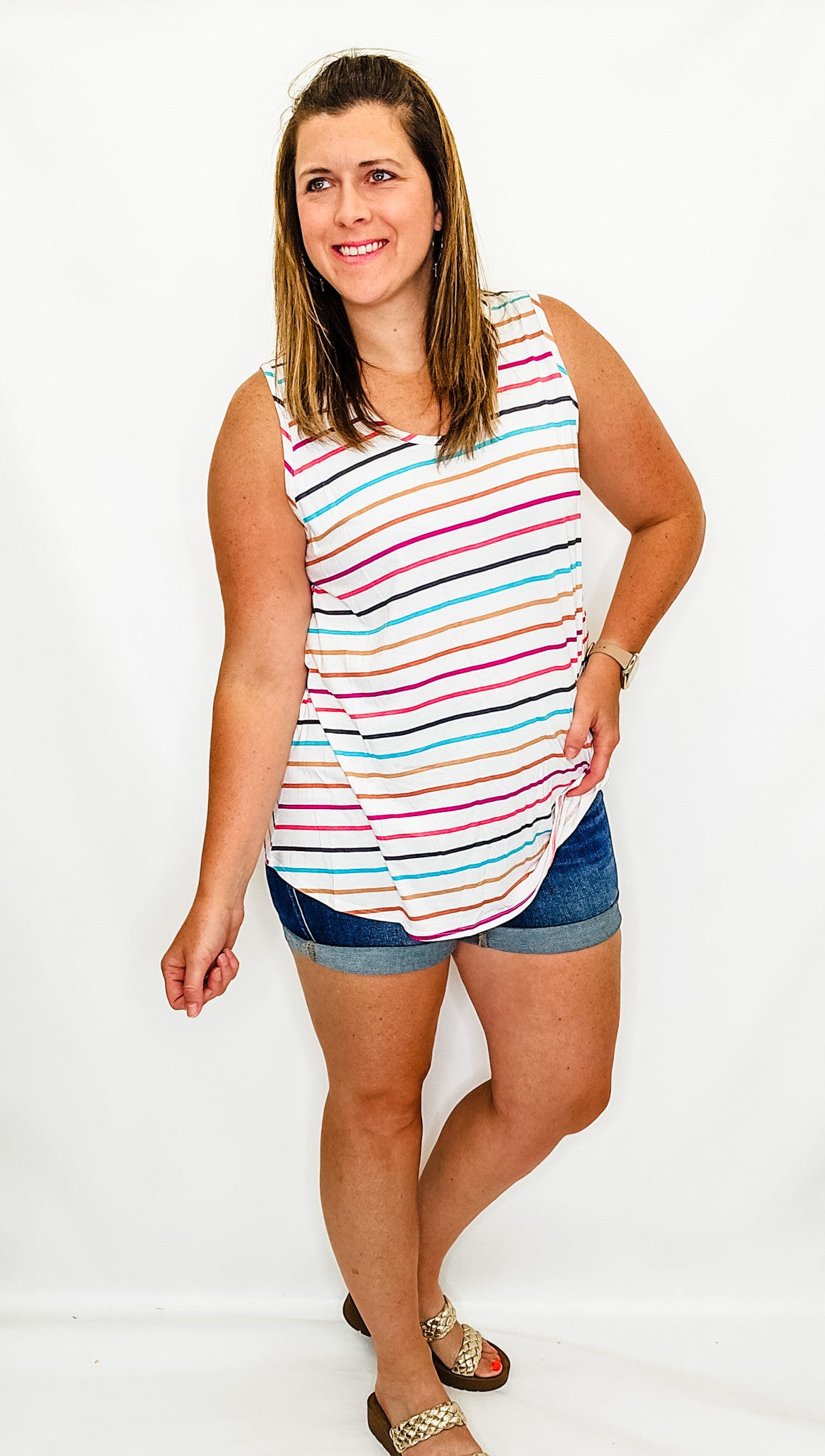 White & Multi-Color Stripe Tank - Ext Size Only