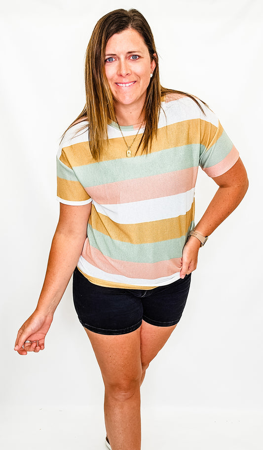 Sage & Pink Striped Short Sleeve