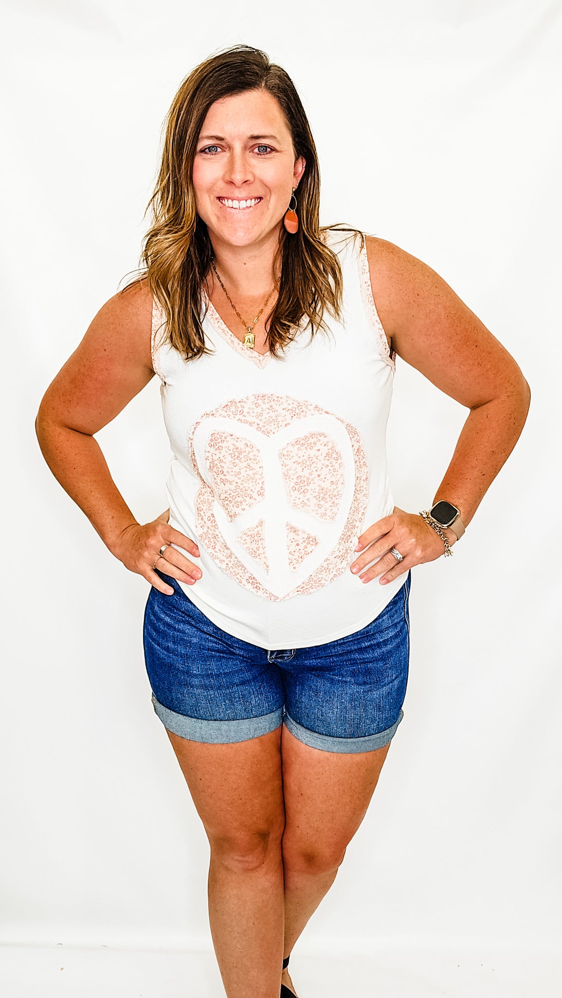 Cream & Pink Floral Peace Sign Heart Tank