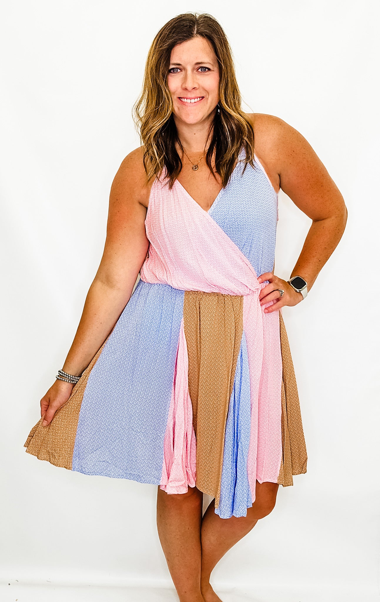 Blue, Blush & Taupe Patchwork Sleeveless Dress - Extended Sizes Only