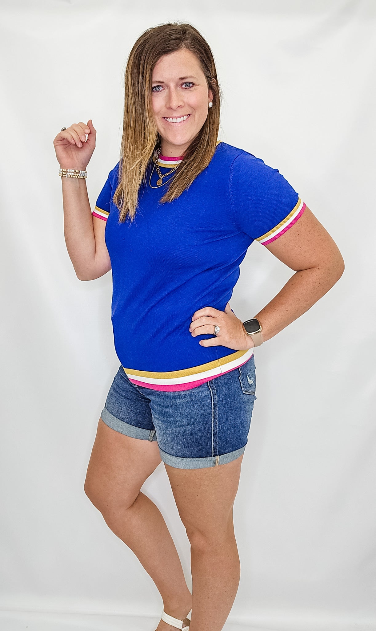 Dark Blue, Pink, & Mustard Knit Short Sleeve