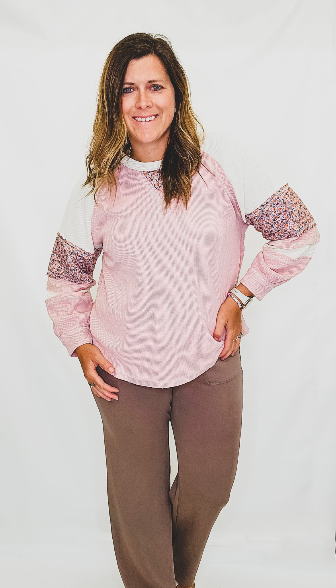 Pink Floral Waffle Knit Long Sleeve