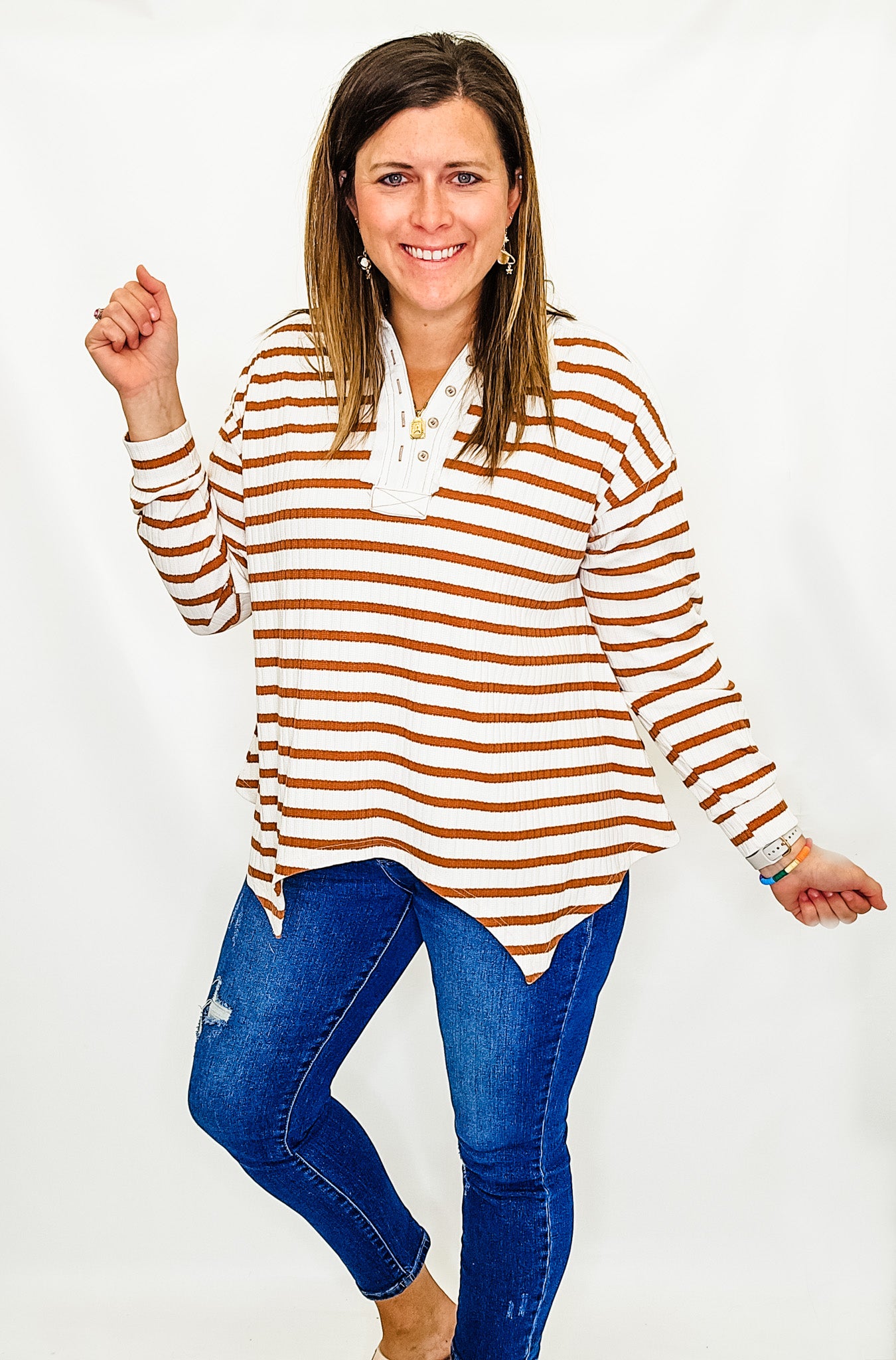 Cream & Rust Stripes Top with Collar