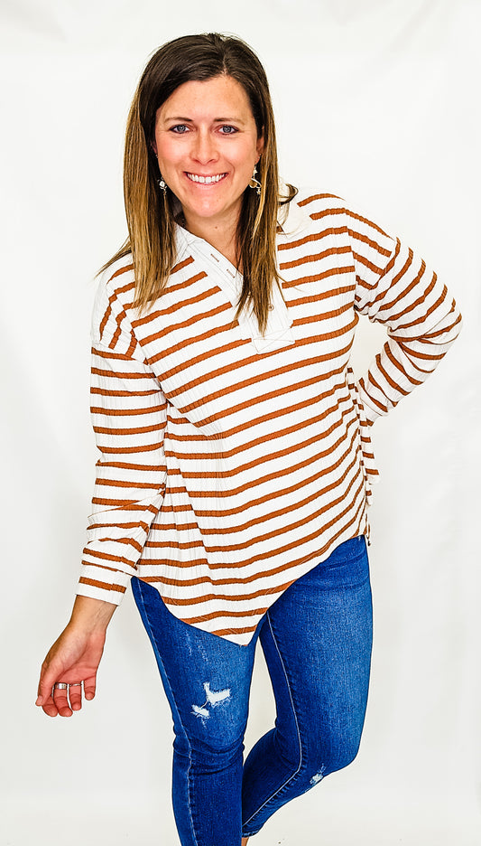 Cream & Rust Stripes Top with Collar