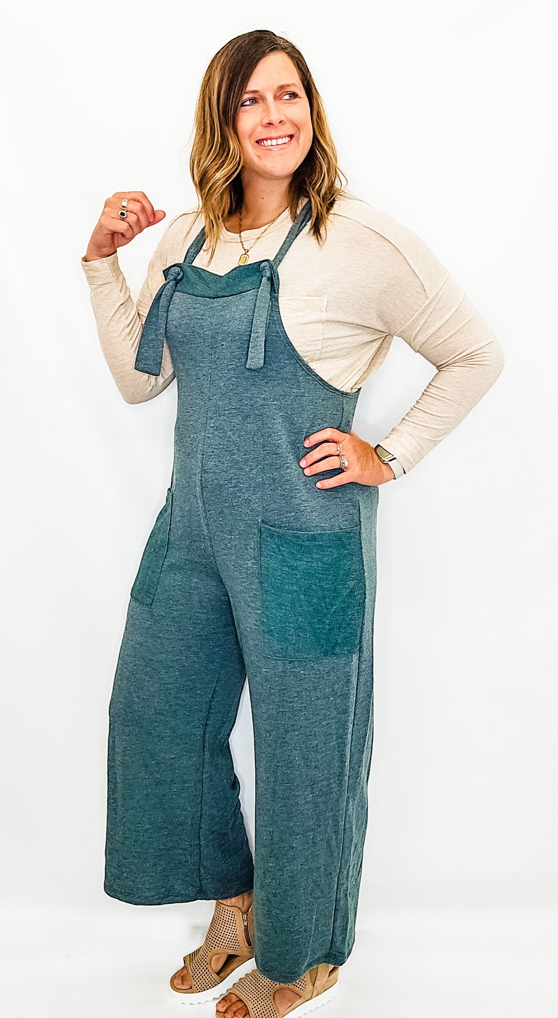 Forest Green Casual Tie-Strap Jumpsuit