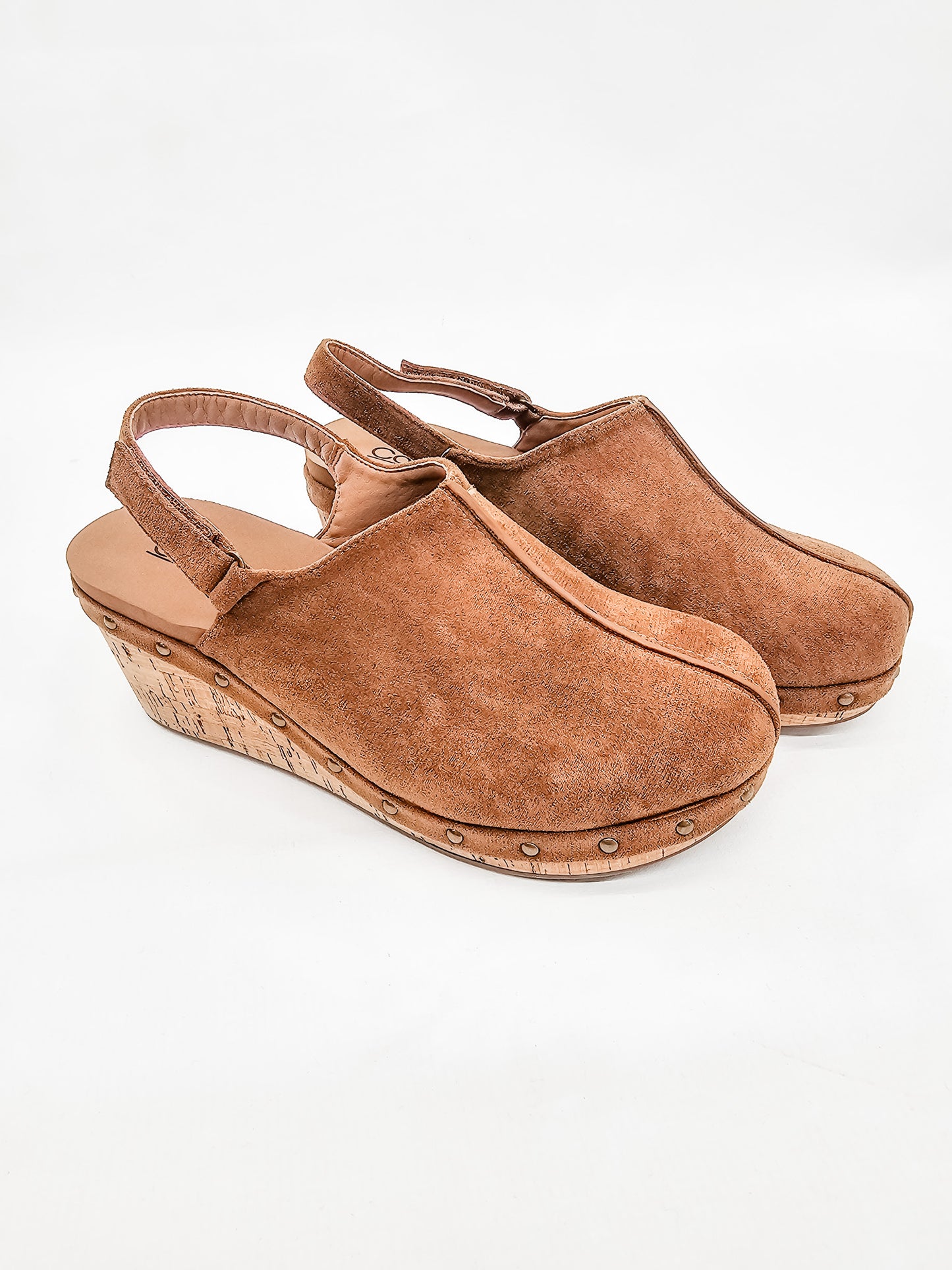 Corkys Tobacco Suede Make Em Blush Mule Wedge