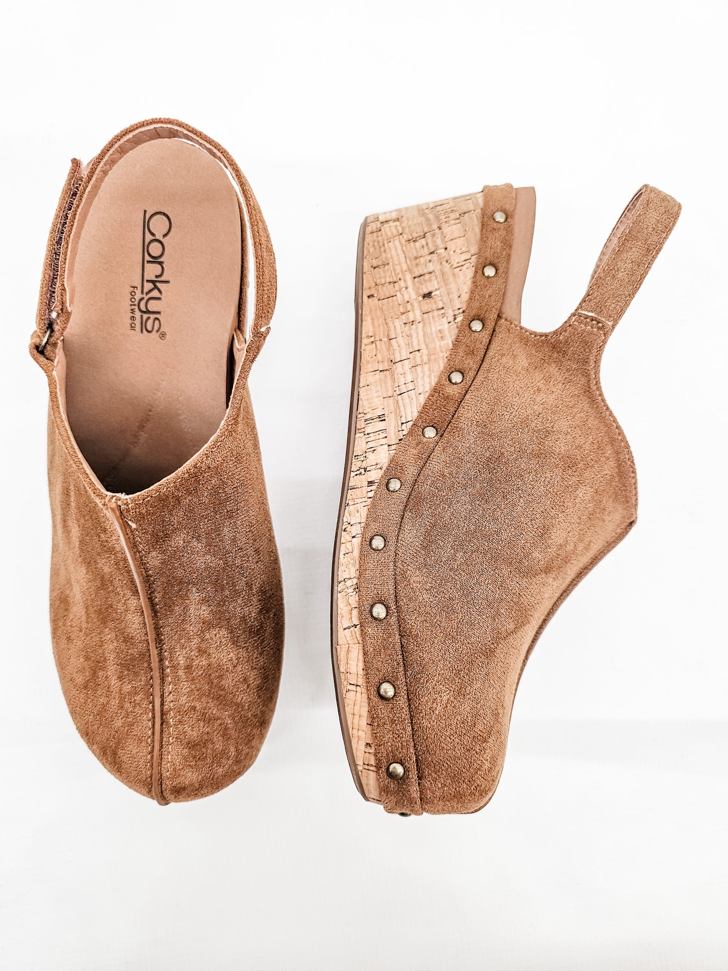 Corkys Tobacco Suede Make Em Blush Mule Wedge