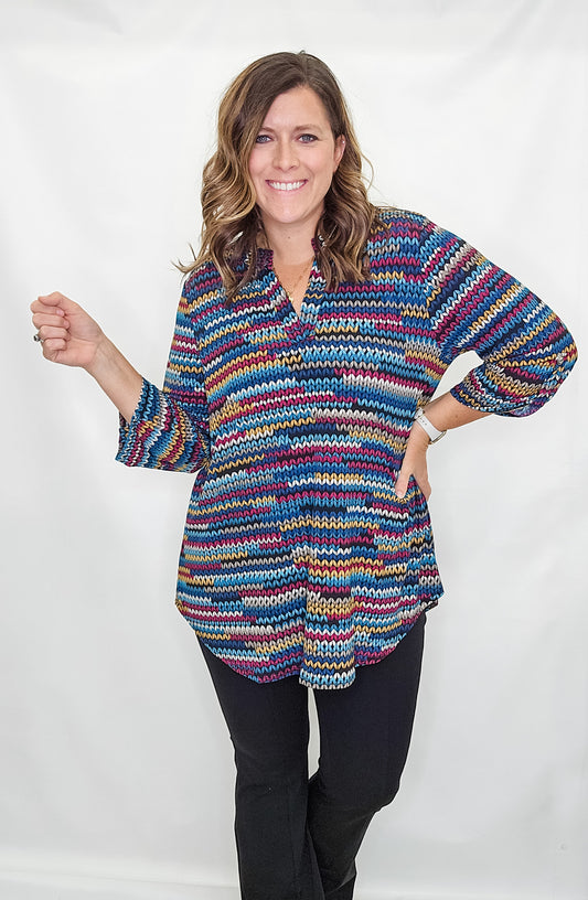 Teal Multi Printed Lizzy 3/4 Sleeve Top - Extended Sizes