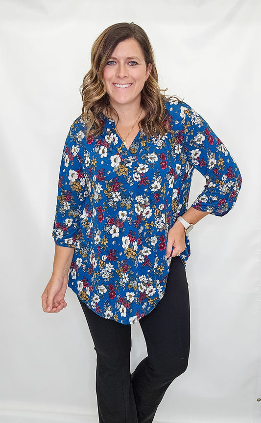 Teal Floral Lizzy 3/4 Sleeve Top - Extended Sizes