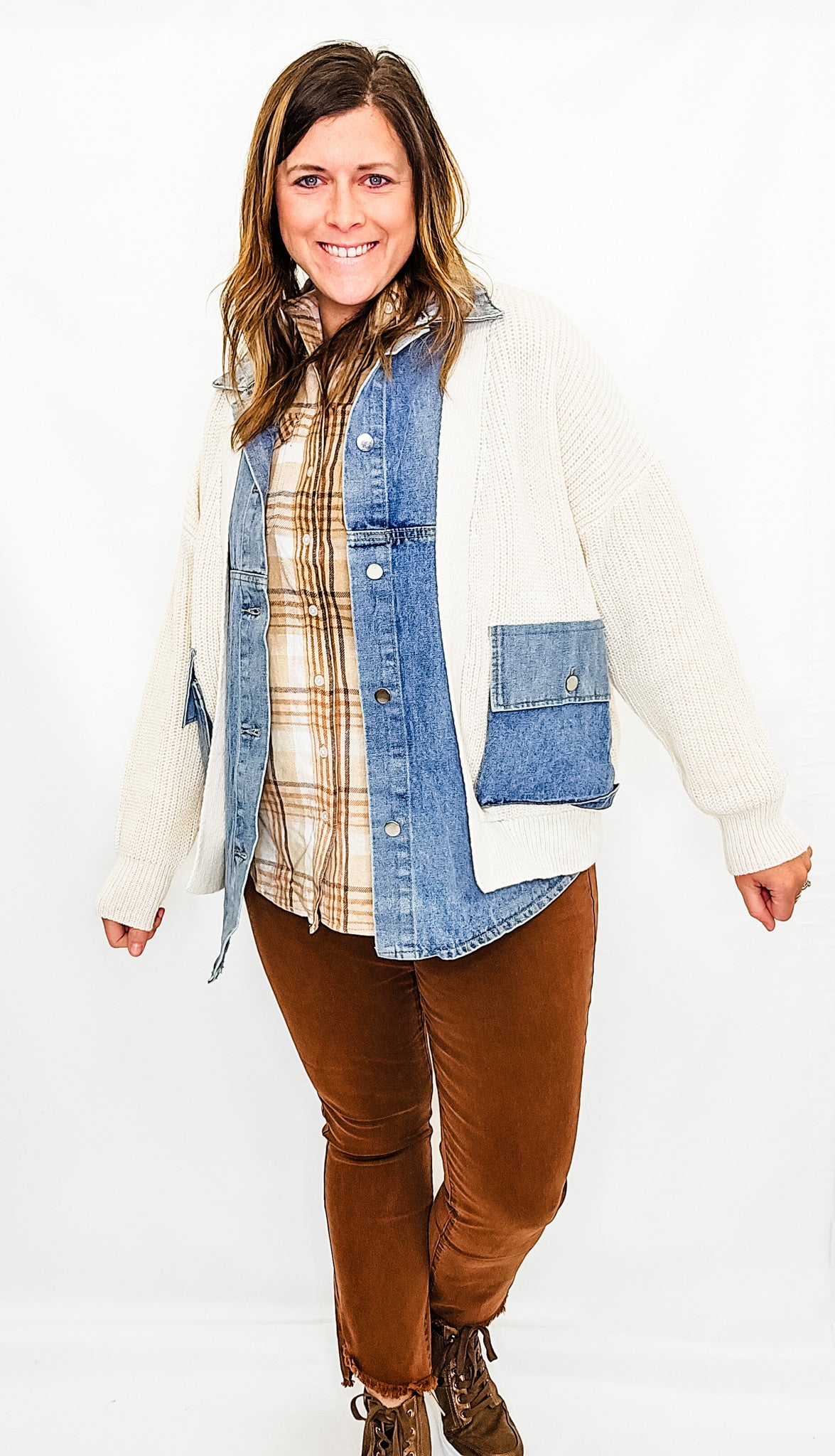 Denim Jacket Trim Ribbed Cardigan