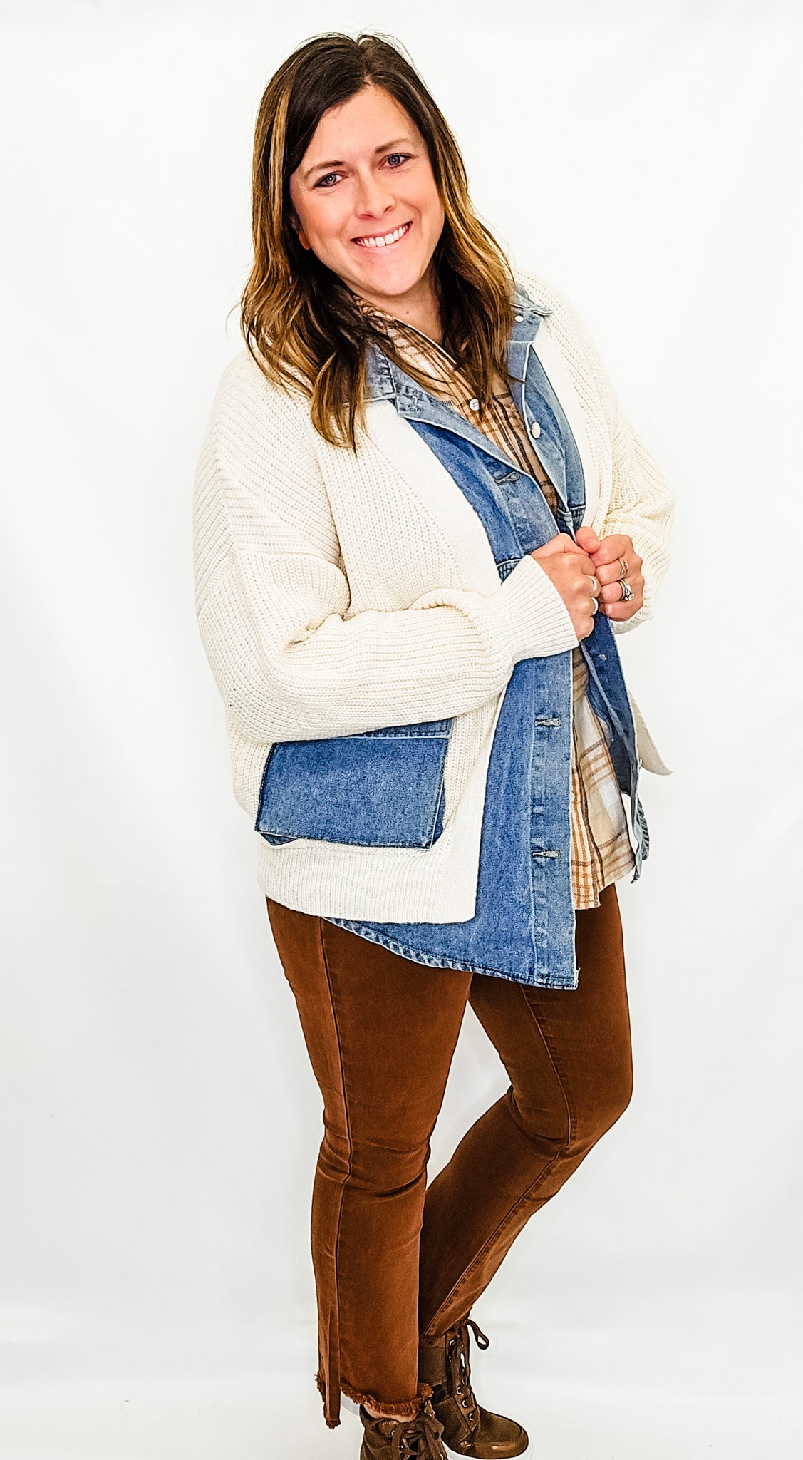 Denim Jacket Trim Ribbed Cardigan