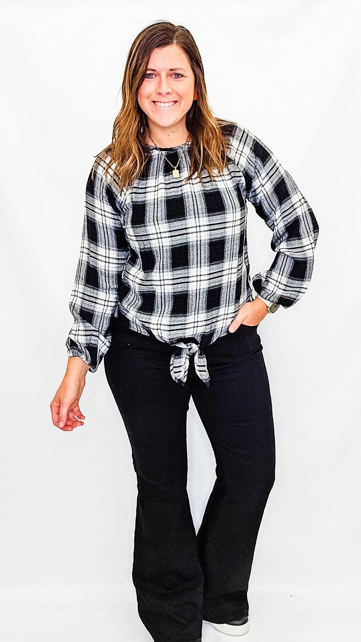 Charlie B Plaid Blouse with Front Knot - Variety