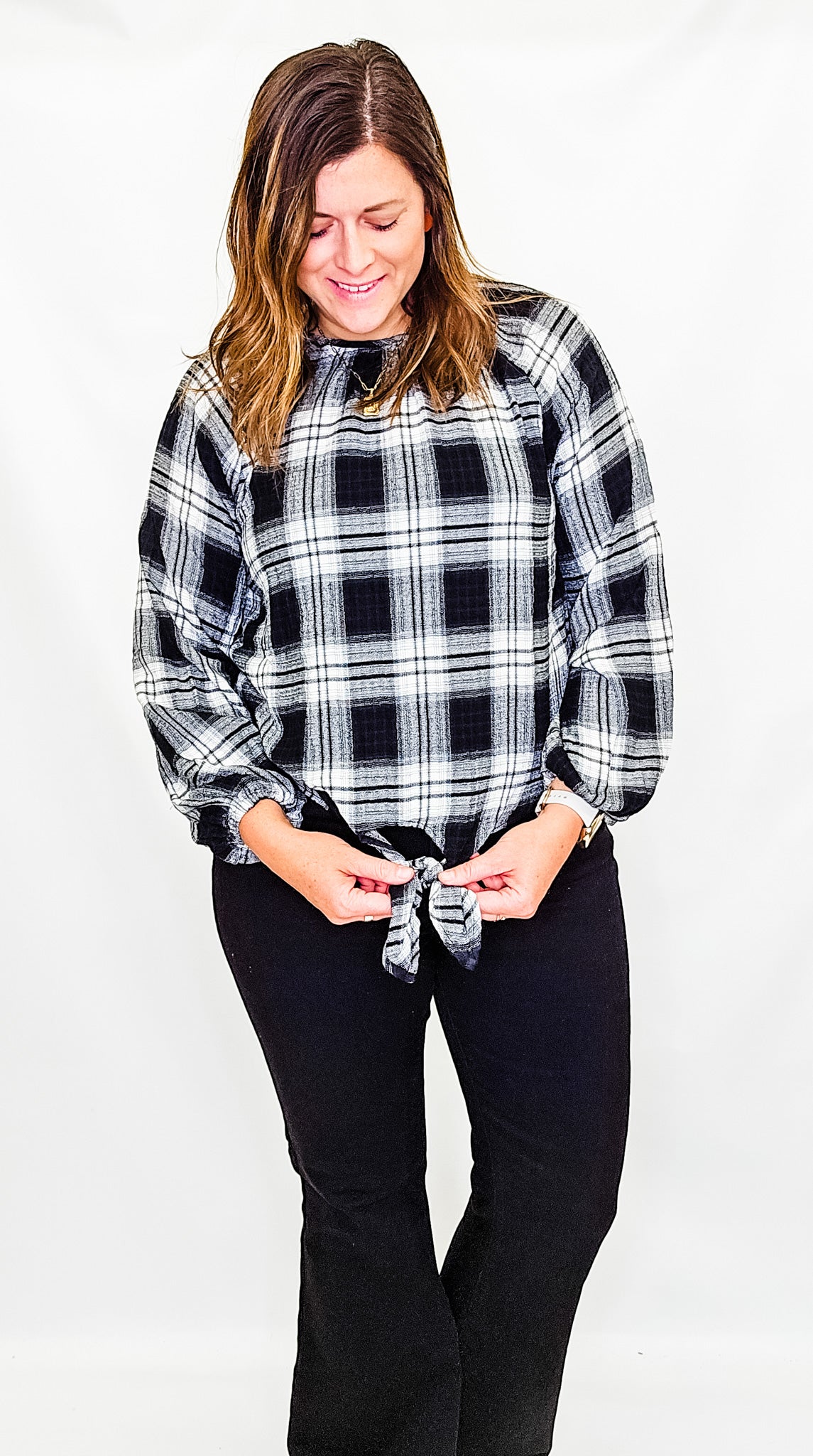 Charlie B Plaid Blouse with Front Knot - Variety