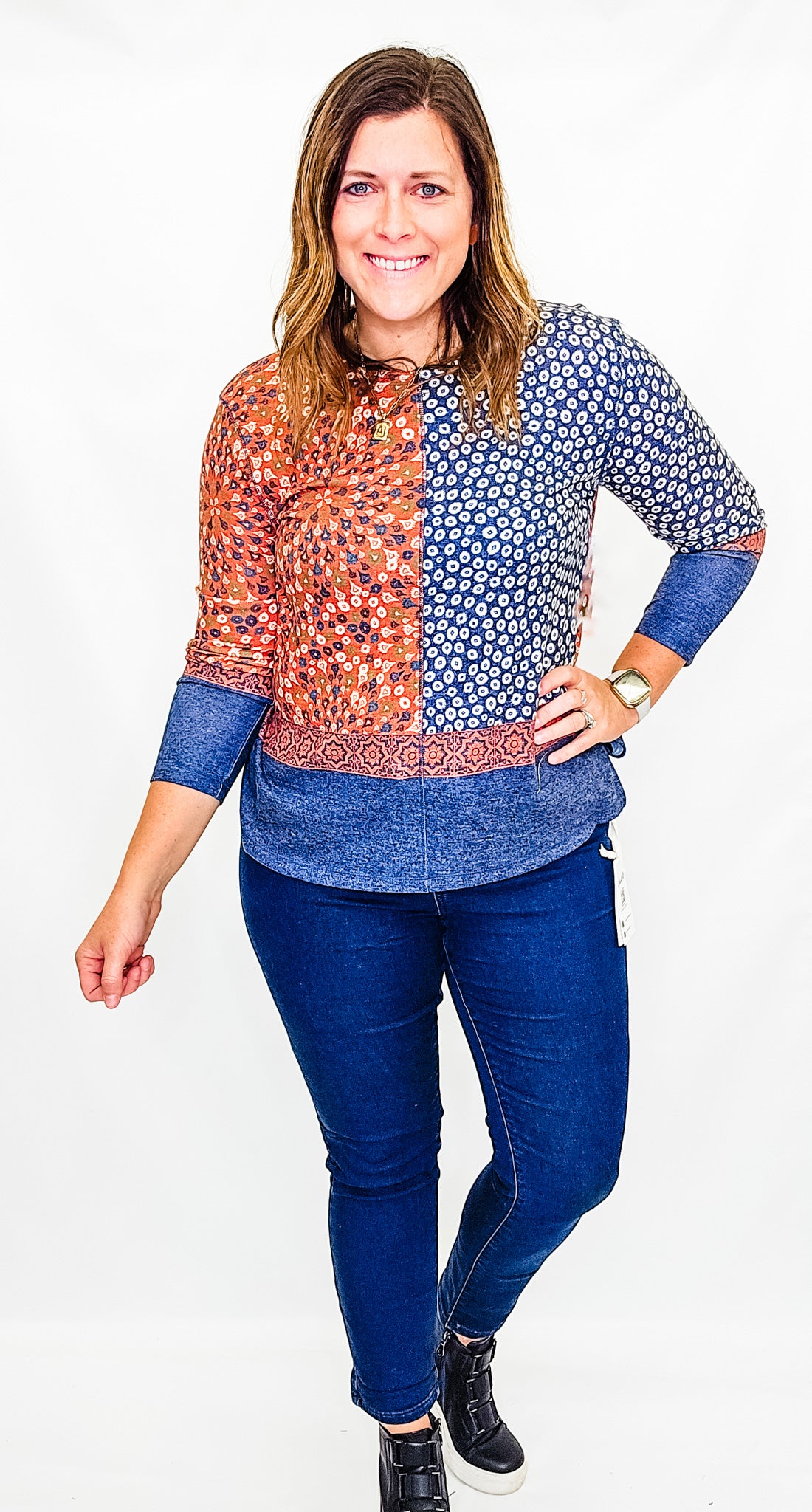 Multiples Cinnamon & Navy 3/4 Sleeve Top