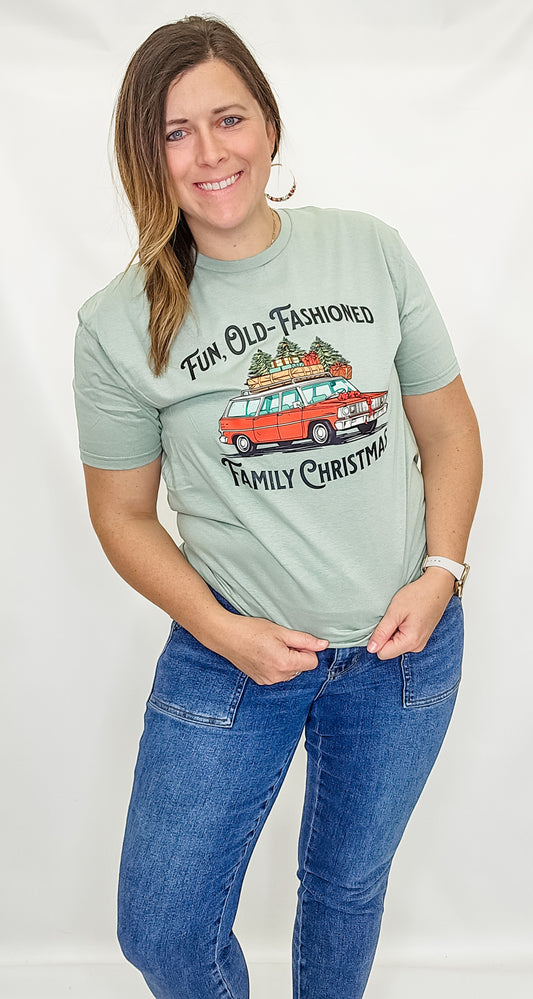 Fun, Old-Fashioned Family Christmas Ligth Green Graphic Tee