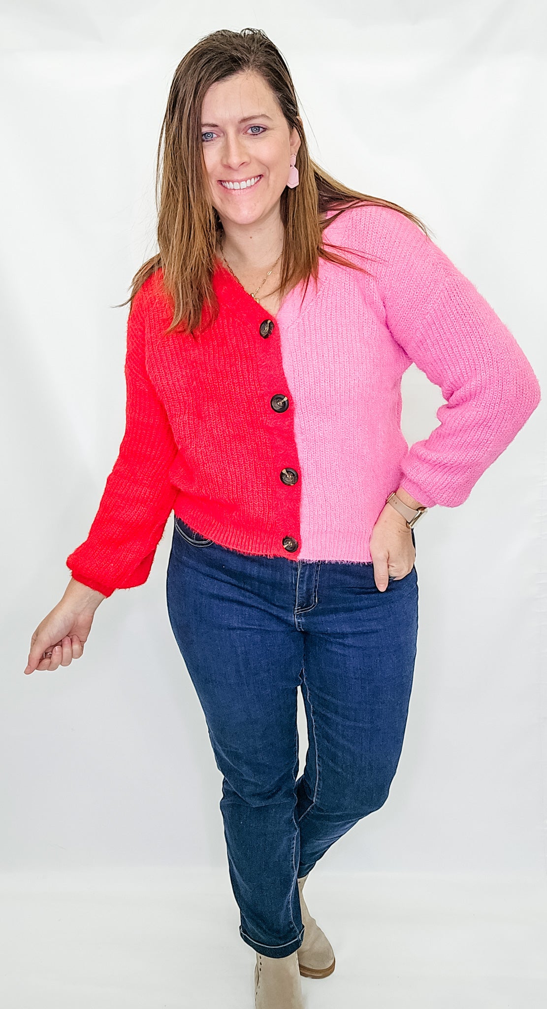 Red & Pink Button Up Sweater