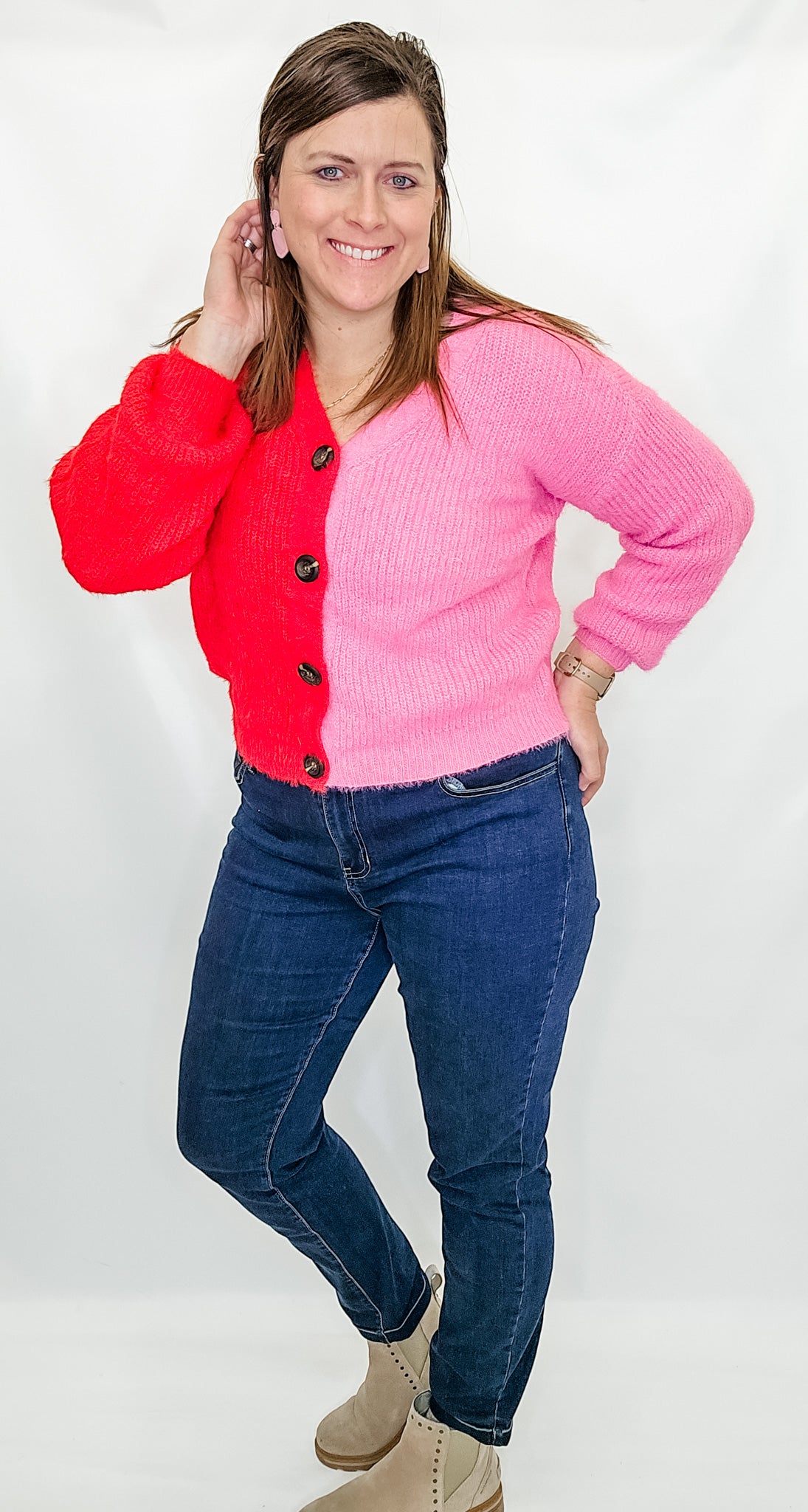 Red & Pink Button Up Sweater