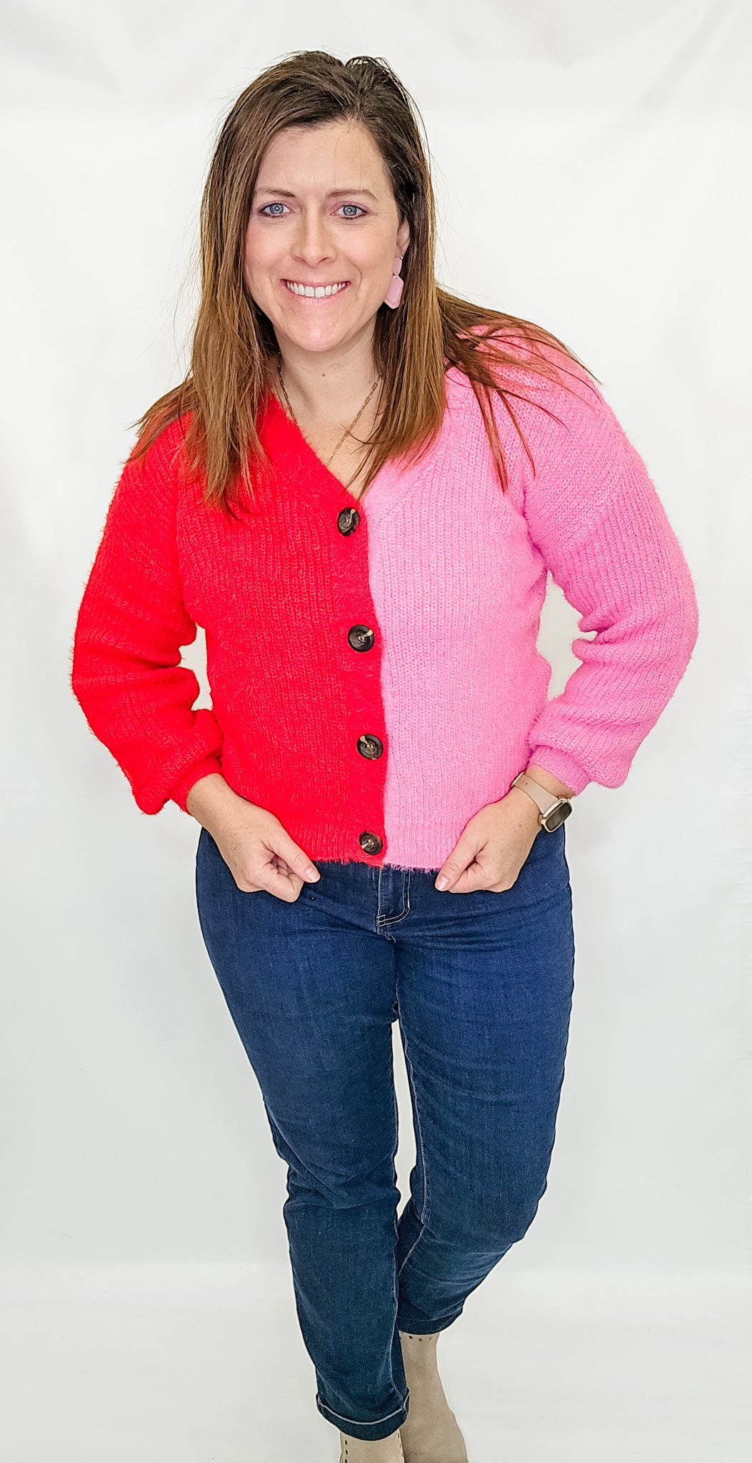 Red & Pink Button Up Sweater