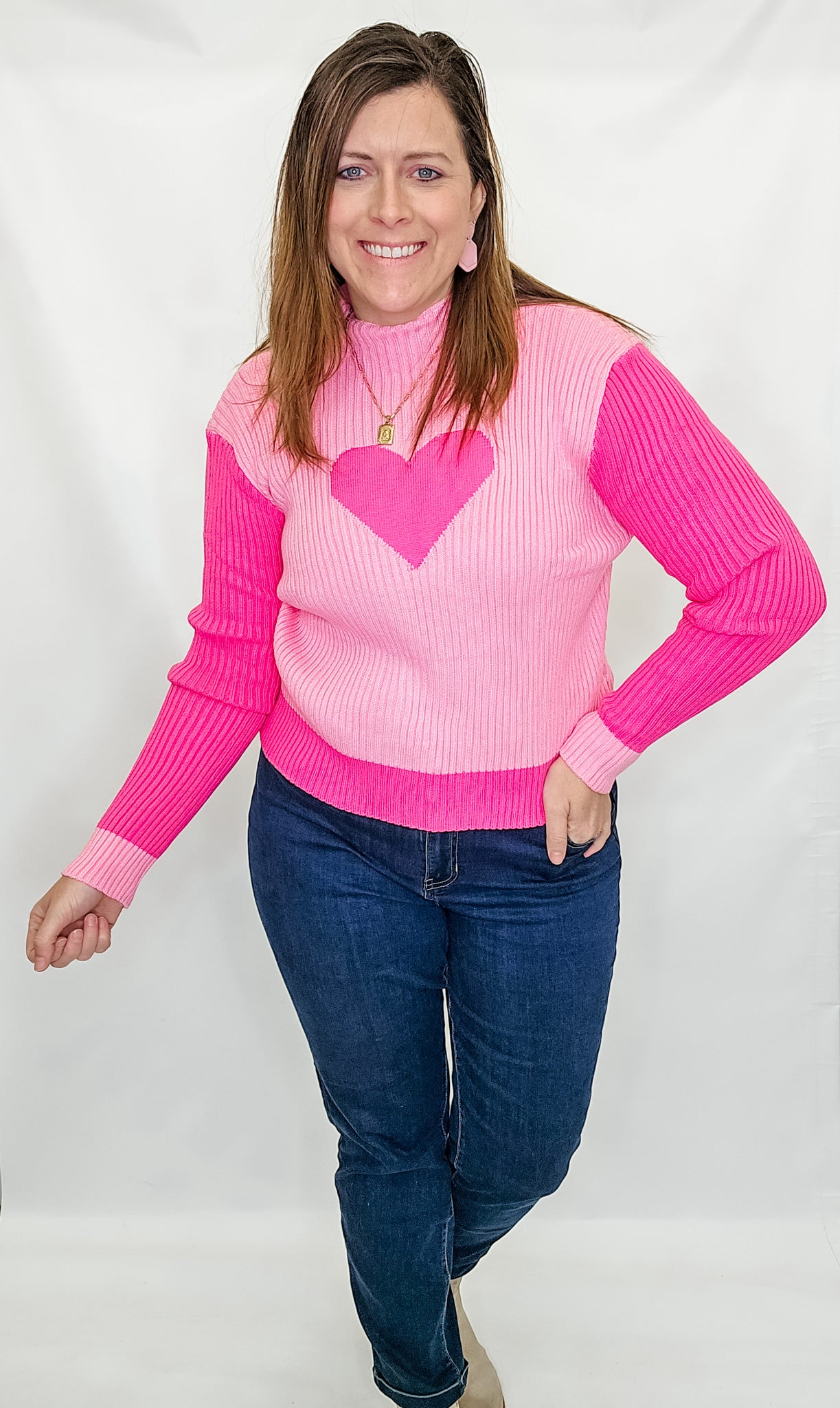 Pink Heart Mock Neck Sweater