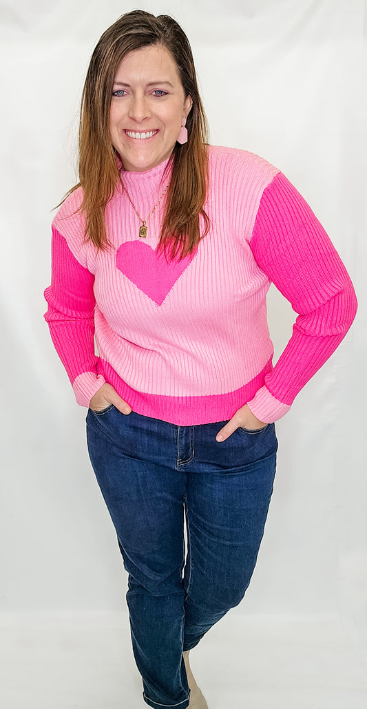 Pink Heart Mock Neck Sweater