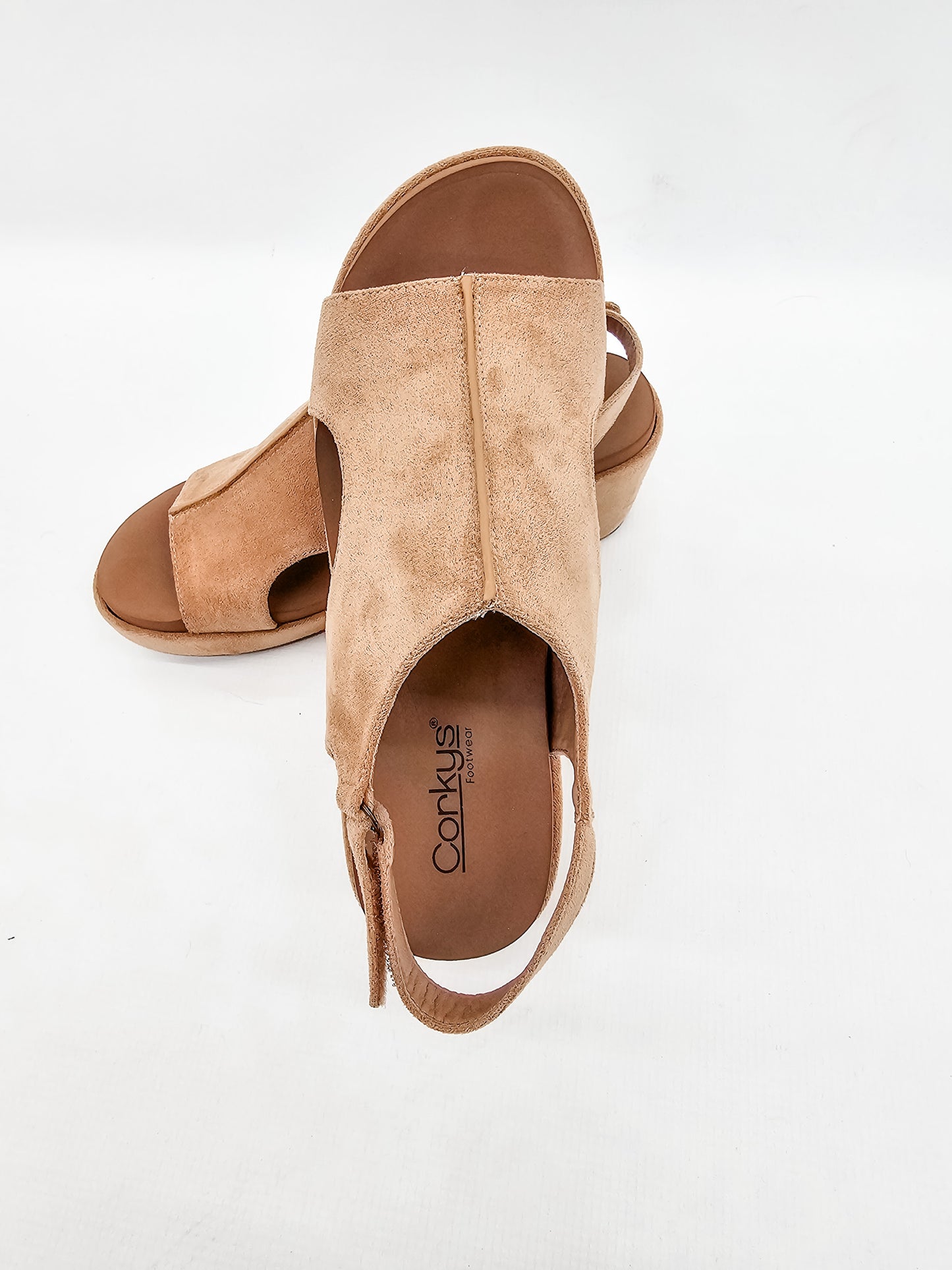 Corkys Camel Faux Suede 2 Carley Wedge Sandals