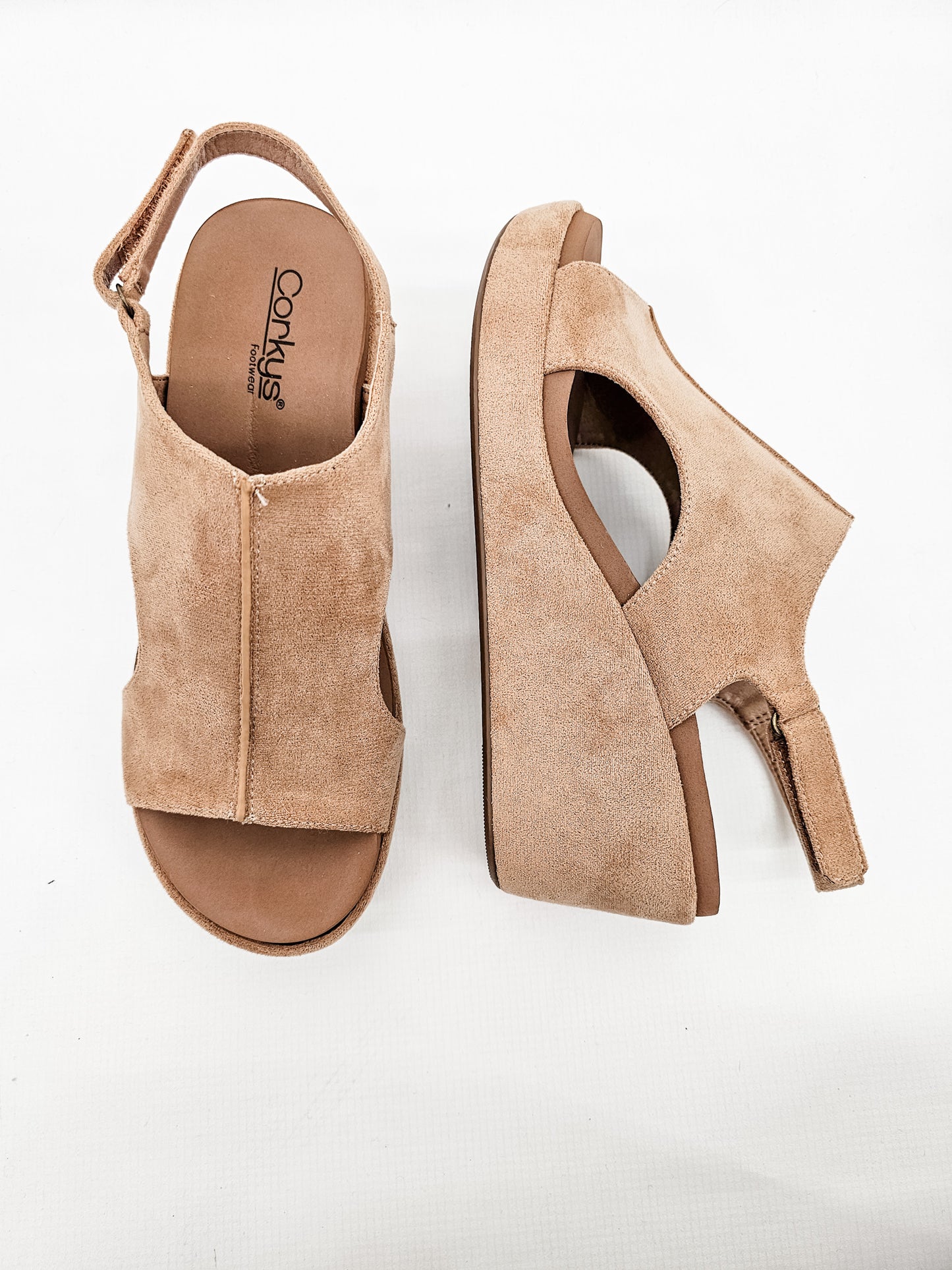 Corkys Camel Faux Suede 2 Carley Wedge Sandals