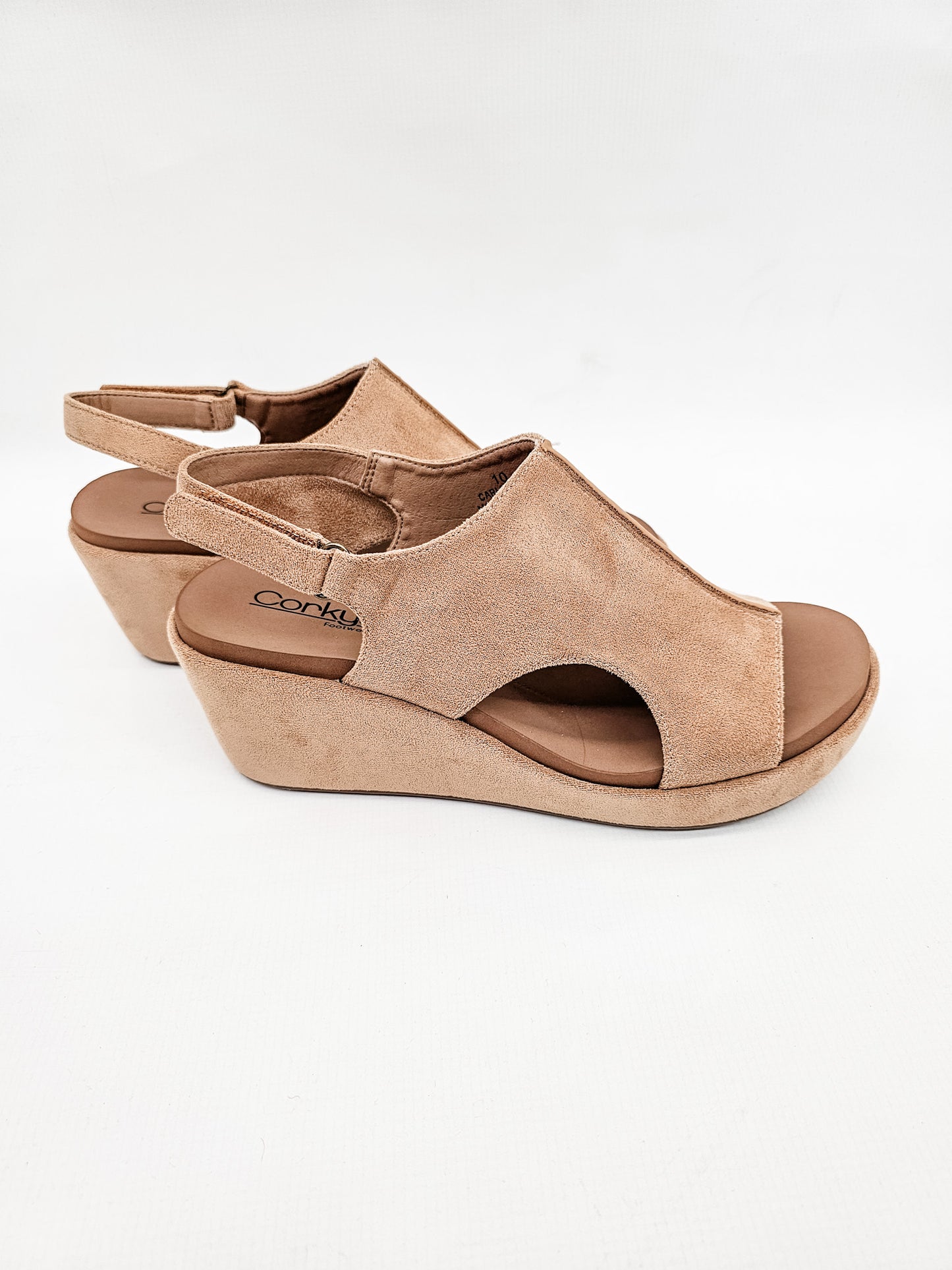 Corkys Camel Faux Suede 2 Carley Wedge Sandals