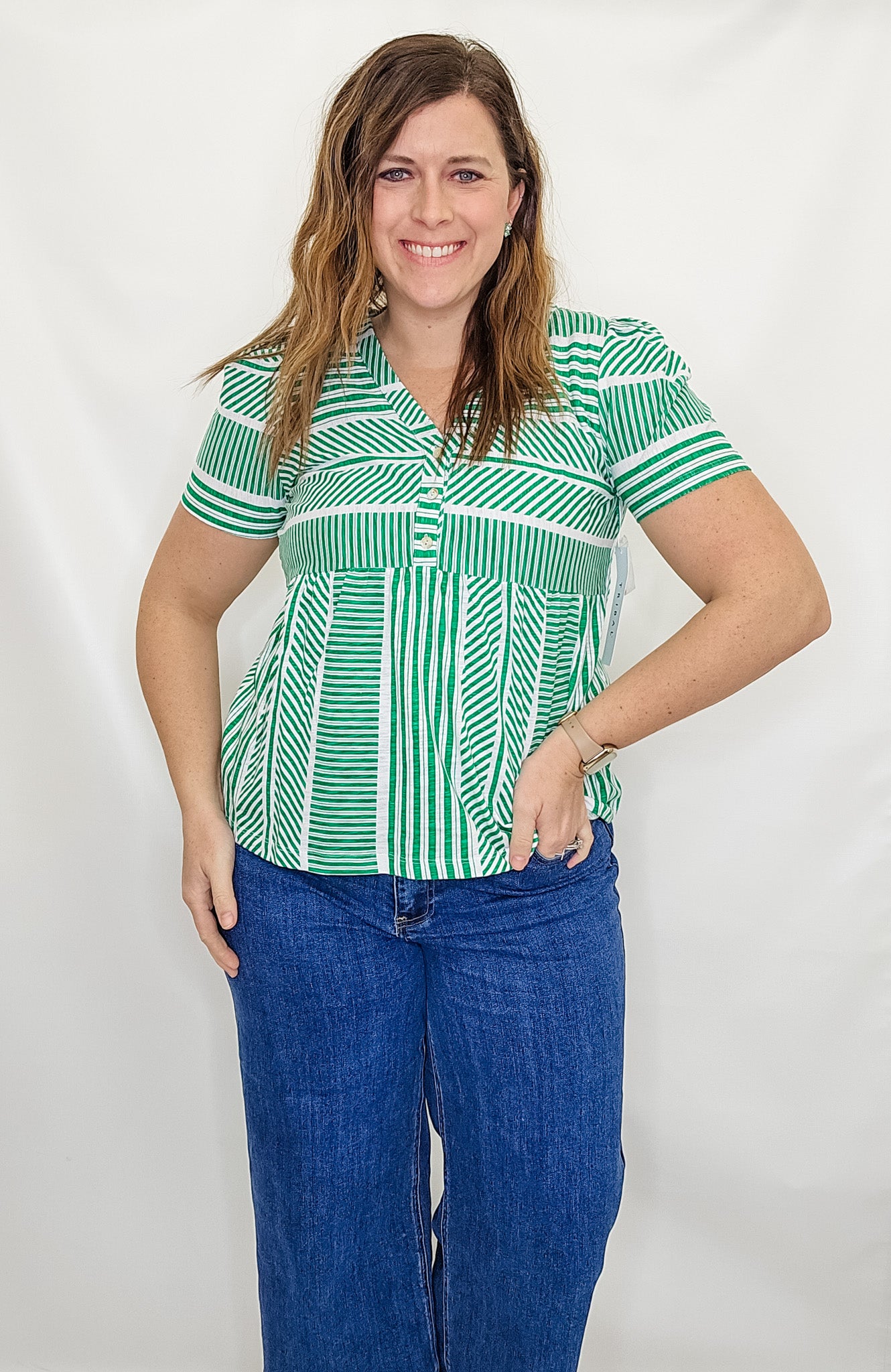 Tribal Kelly Green Flare Top with Buttons