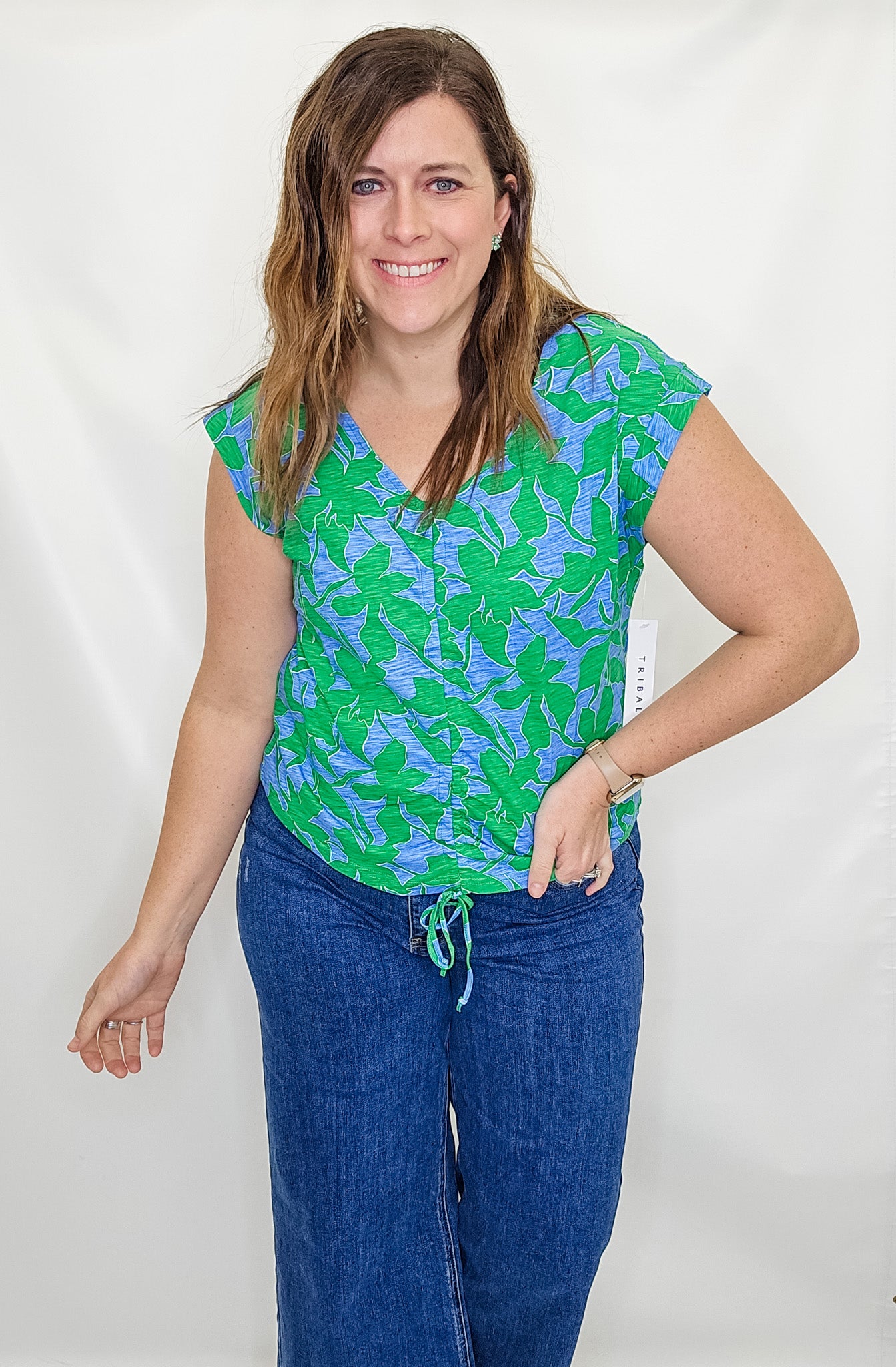 Tribal Green & Blue Floral Cinched Top