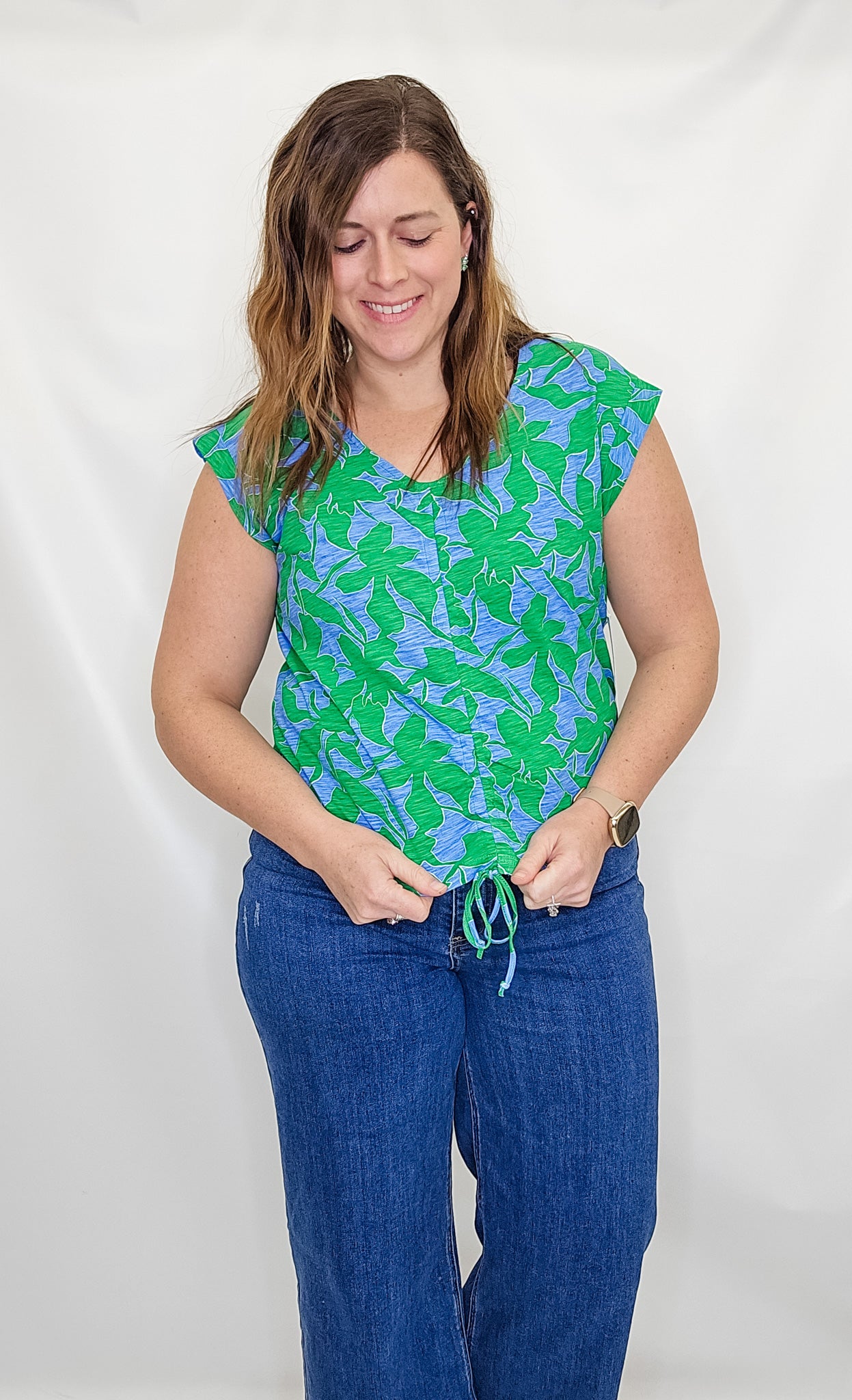 Tribal Green & Blue Floral Cinched Top