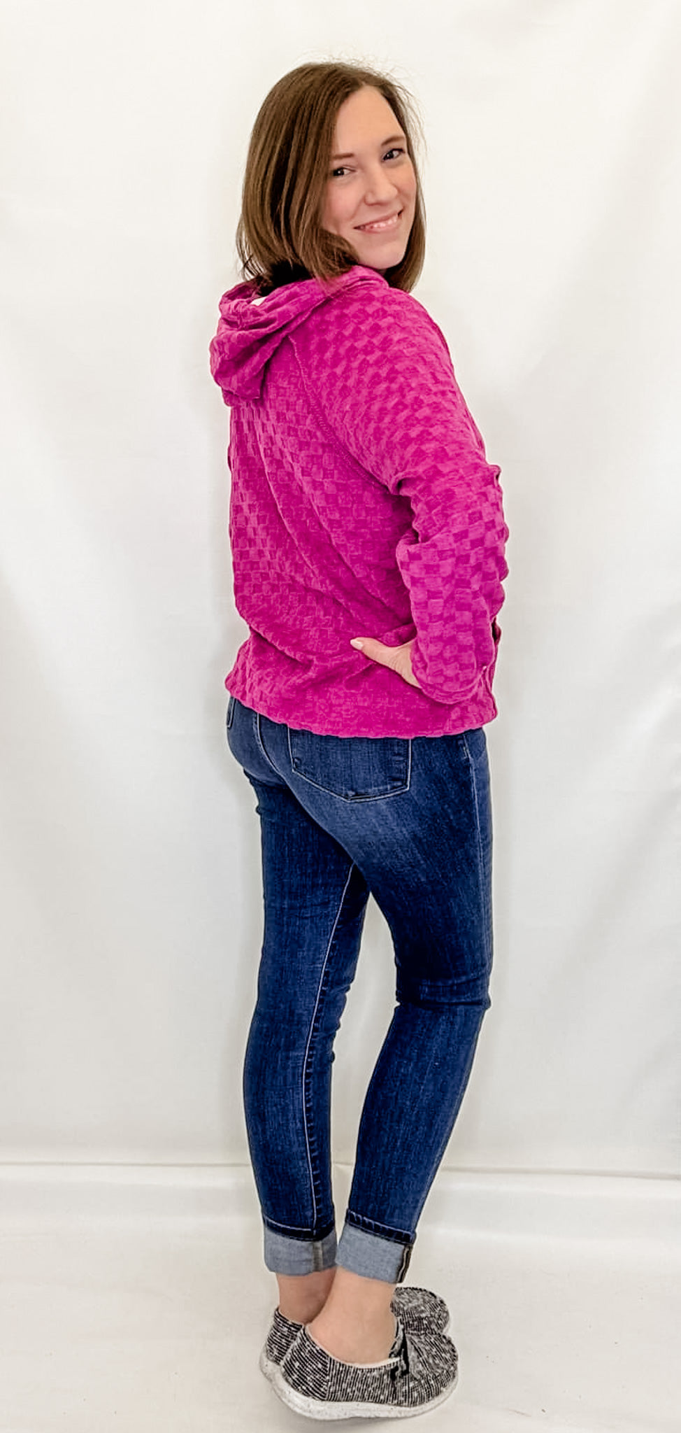 Magenta Checkered Casual Hoodie