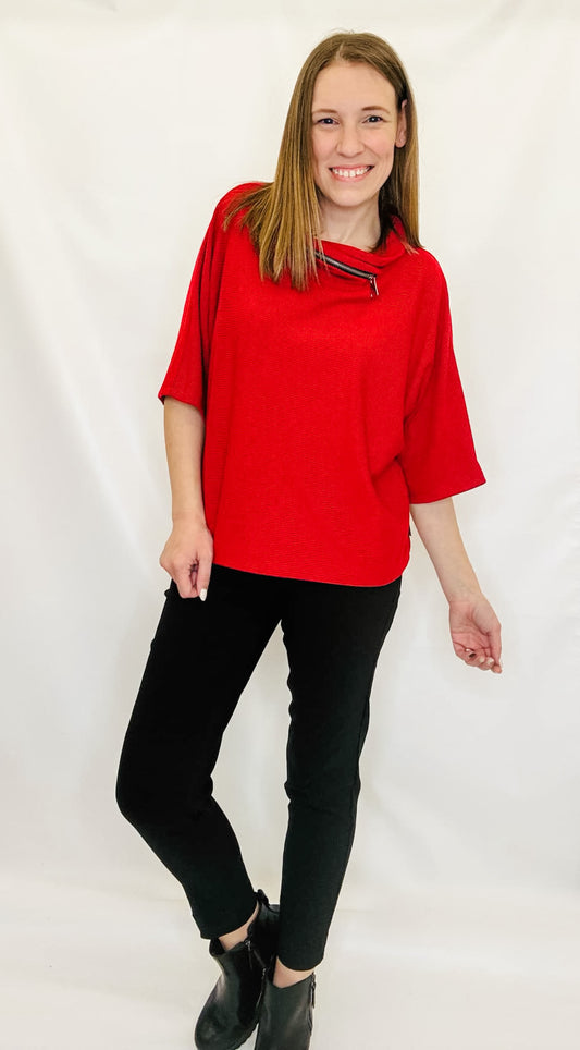 Multiples Red & Black Cowl Neck Top with Zipper