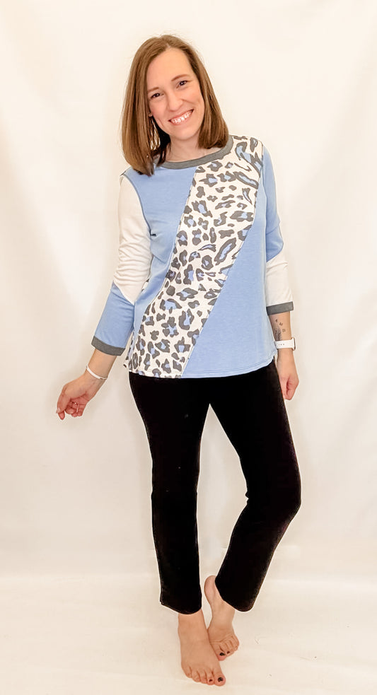 Multiples Cornflower & Leopard 3/4 Sleeve Top