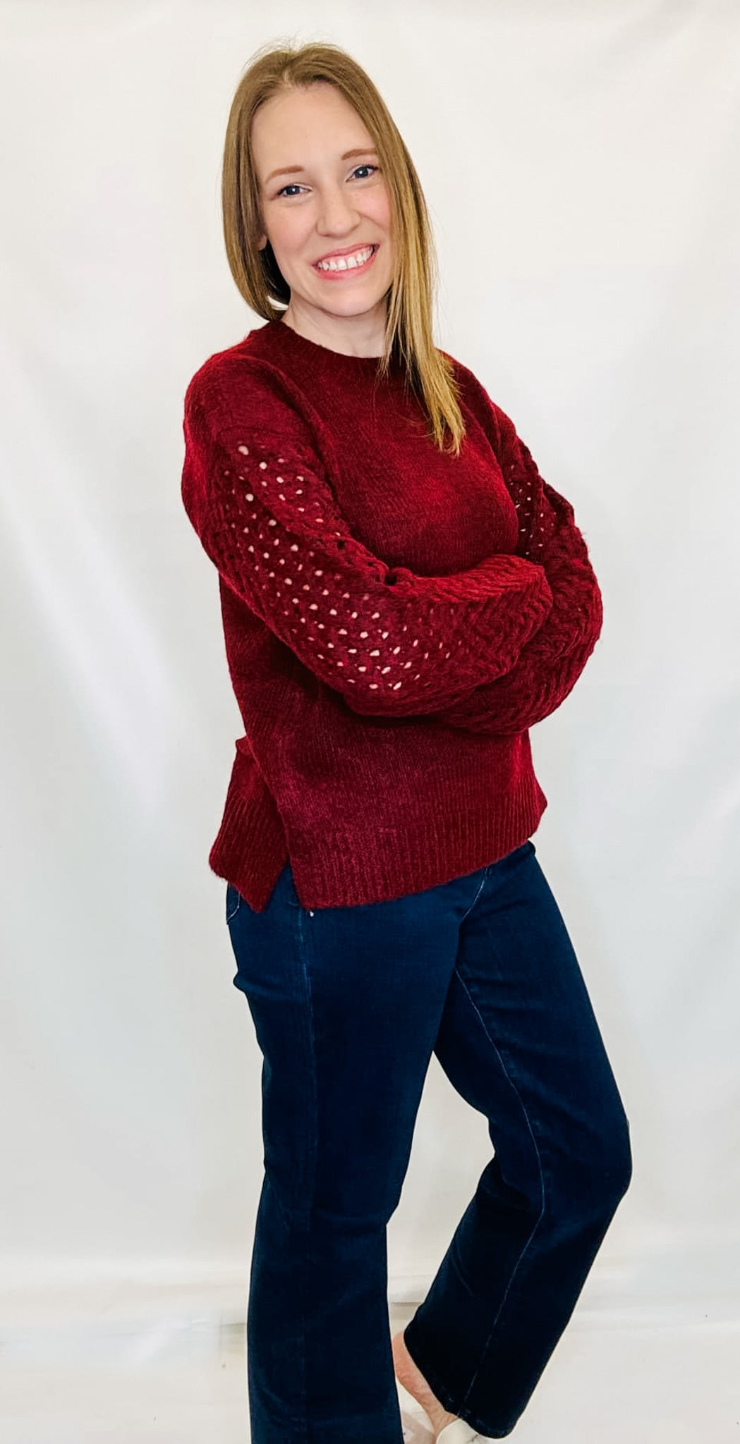 Charlie B Cabernet Net Stitch Sleeve Sweater