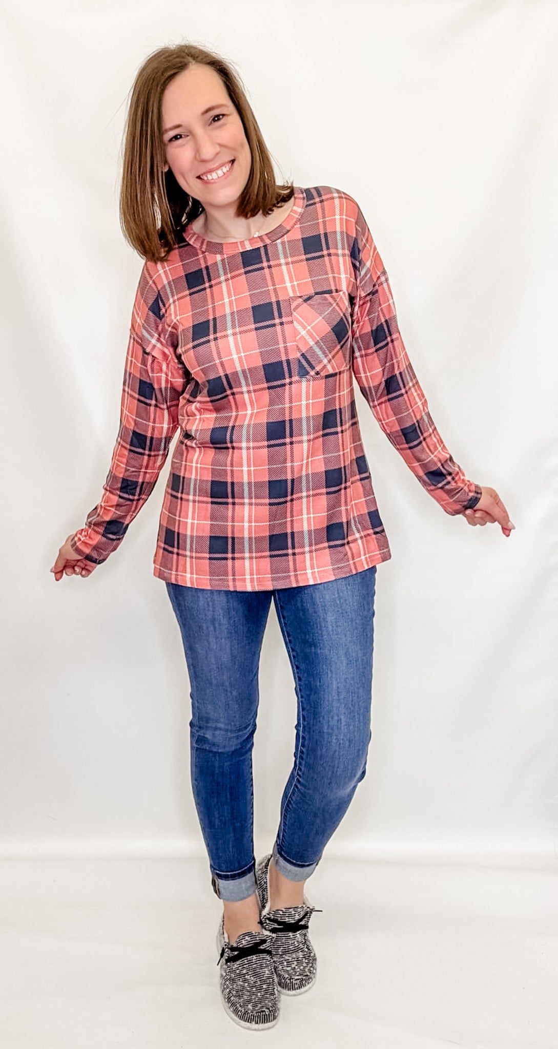 Blue & Pink Plaid Long Sleeve Top