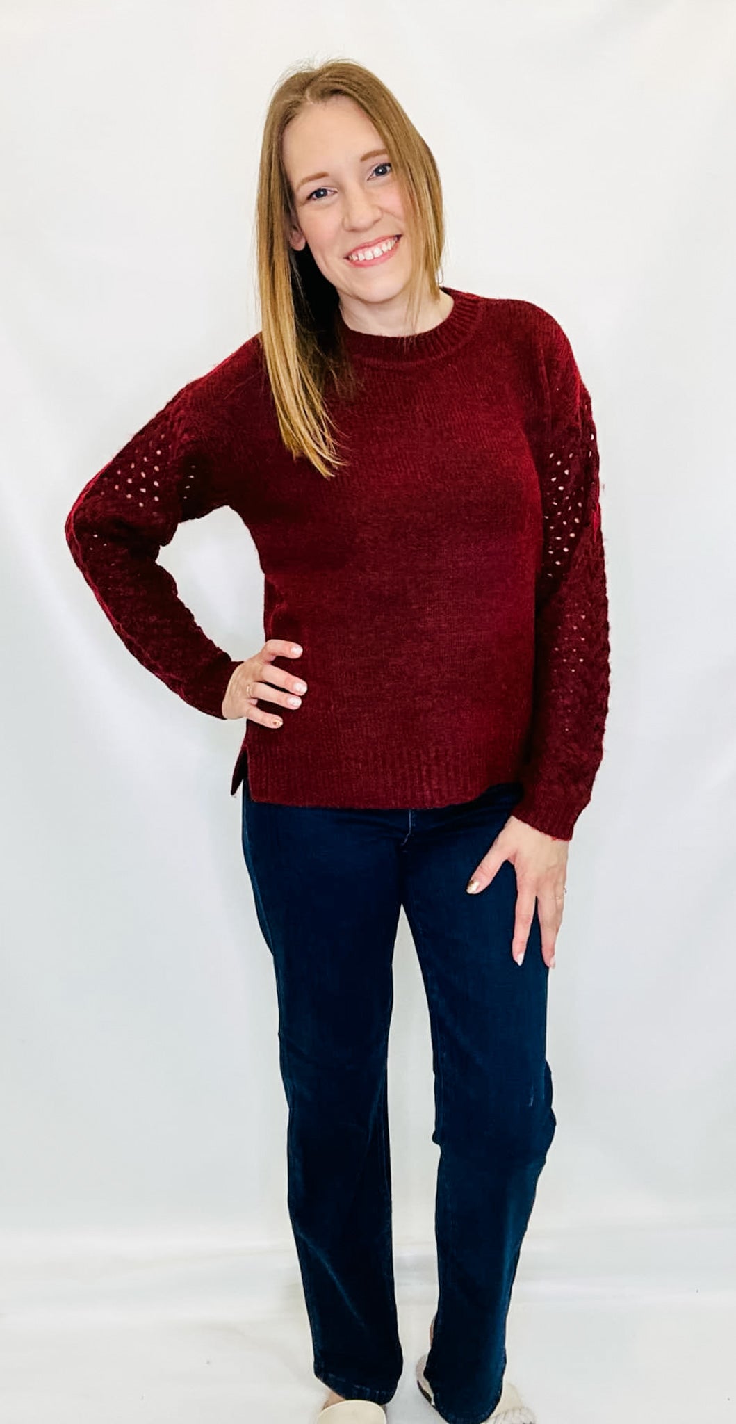 Charlie B Cabernet Net Stitch Sleeve Sweater