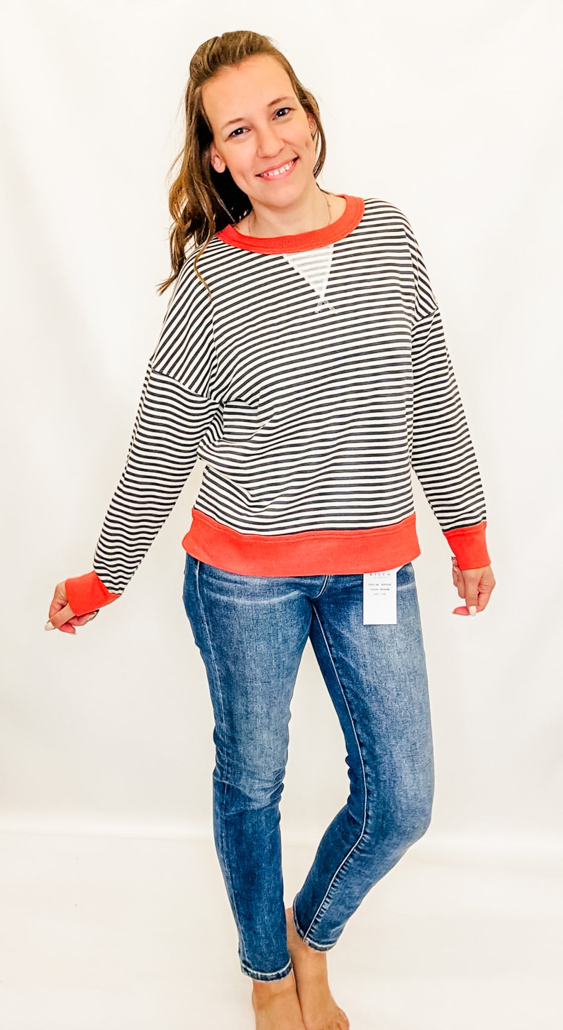 Cream, Orange & Charcoal Striped Sweatshirt