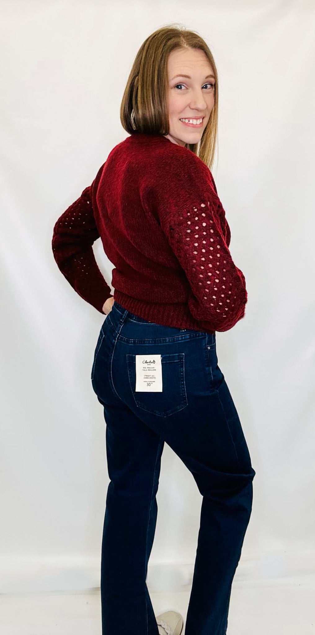 Charlie B Cabernet Net Stitch Sleeve Sweater